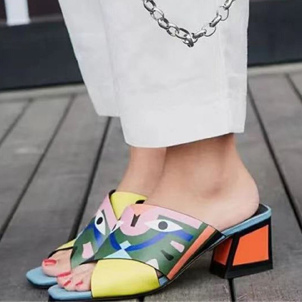 Trendy Women's Graffiti Print Peep Toe Mid Heel Sandals - Mixed Colors, Sizes 33-43 - Summer Fashion Slippers with Eye Design for Casual Wear & Beach Outings