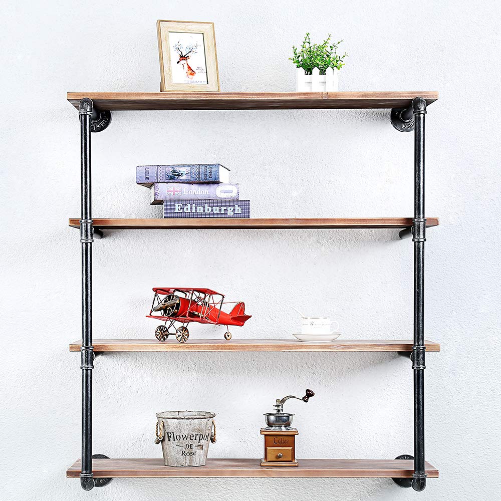 Industrial Pipe Floating Shelves - 36 Inch Rustic Wood & Metal Wall Mounted Bookshelf, 4 Tier Hanging Shelf for Home, Bar, Office - Perfect for Displaying Books, Decor & Storage