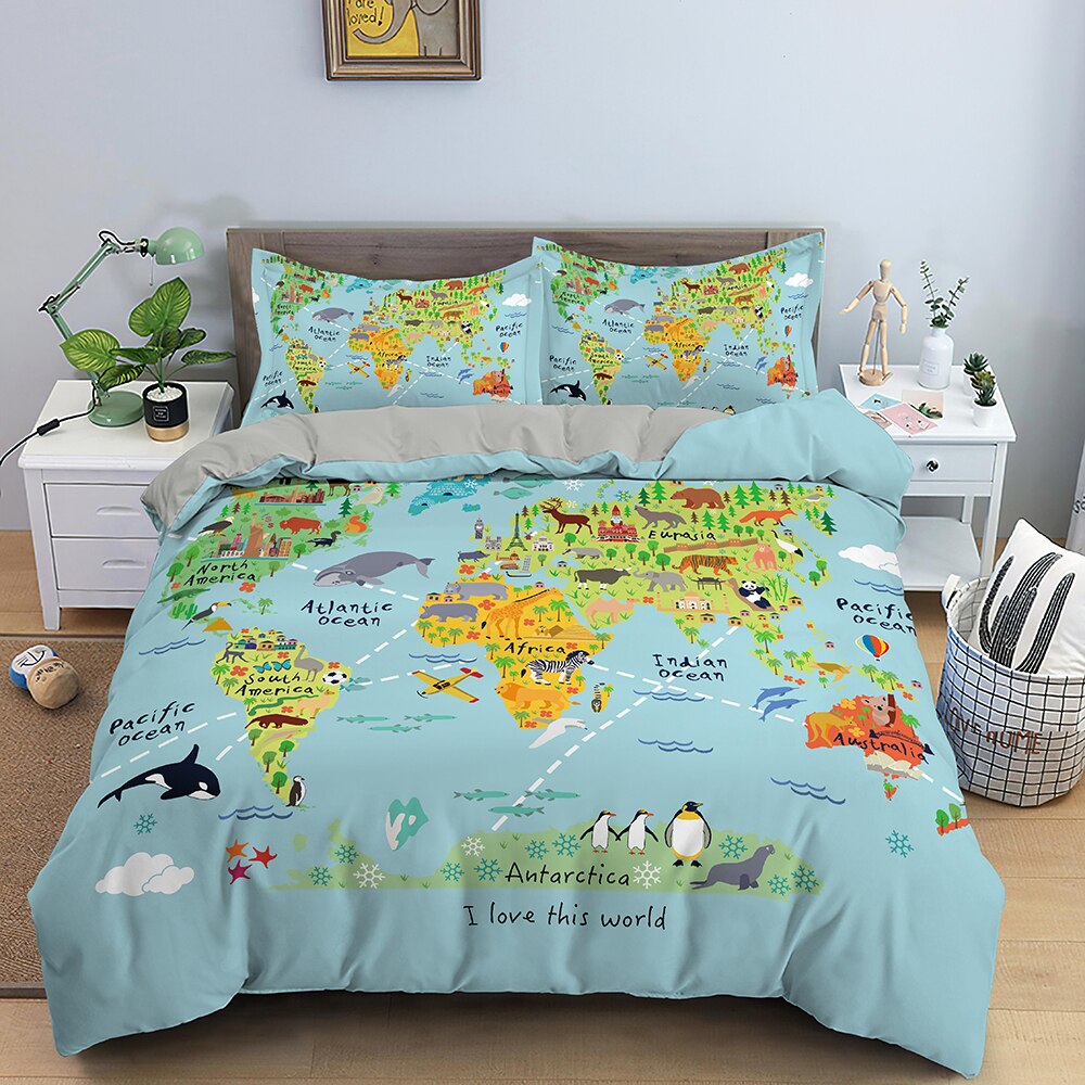 World Map Bedding Set - Kids Room Decor, Educational Geography Themed Bed Sheets for Boys & Girls - Perfect for Nursery, Dorm Room or Travel Themed Bedroom