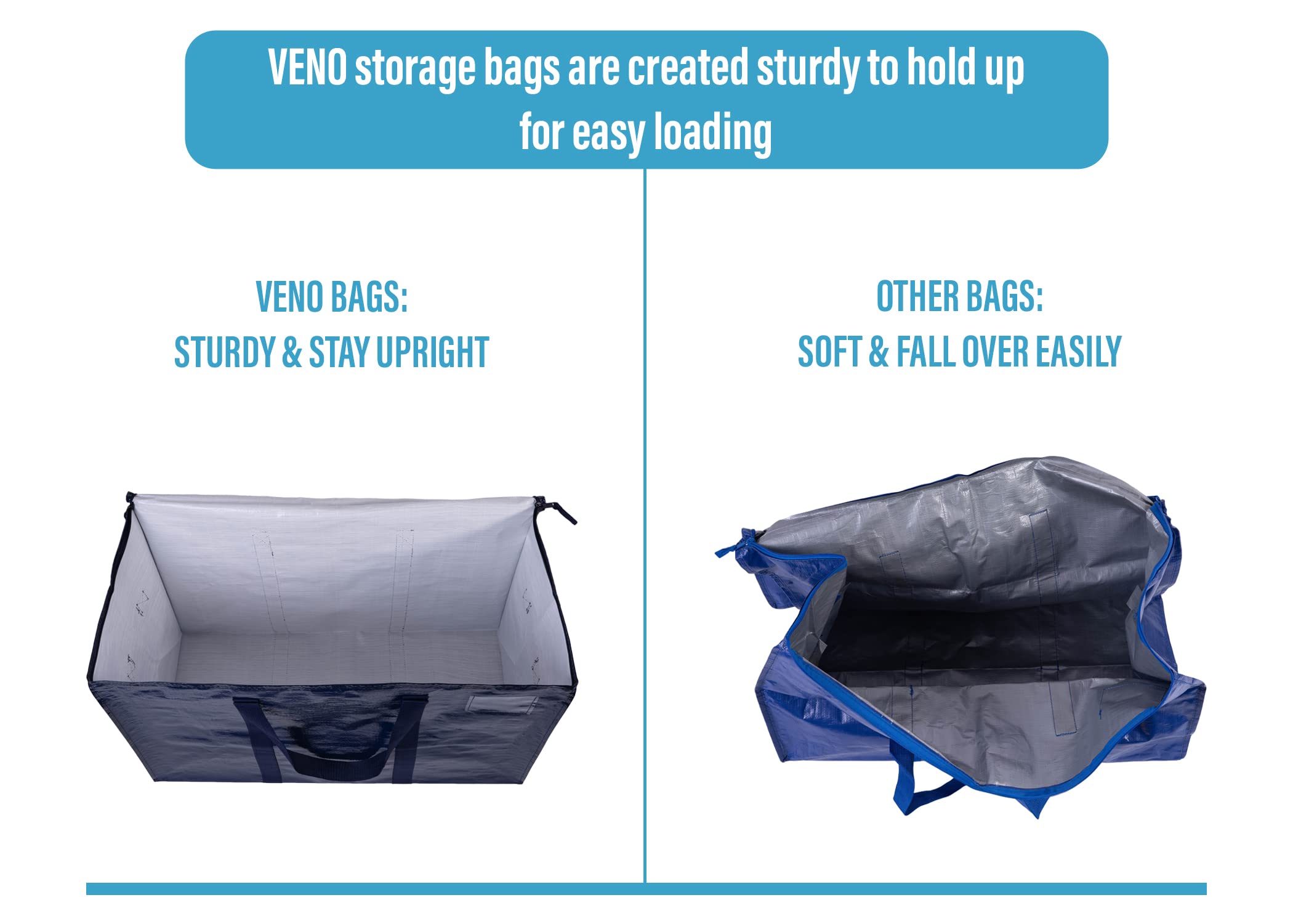 VENO 8 Pack Heavy Duty Moving Bags with Zipper - Extra Large Storage Totes for Clothes & Dorm Room Essentials - Durable Alternative to Moving Boxes (Blue, 8 Pack) - Perfect for College Move-In, Home Organization & Travel Packing