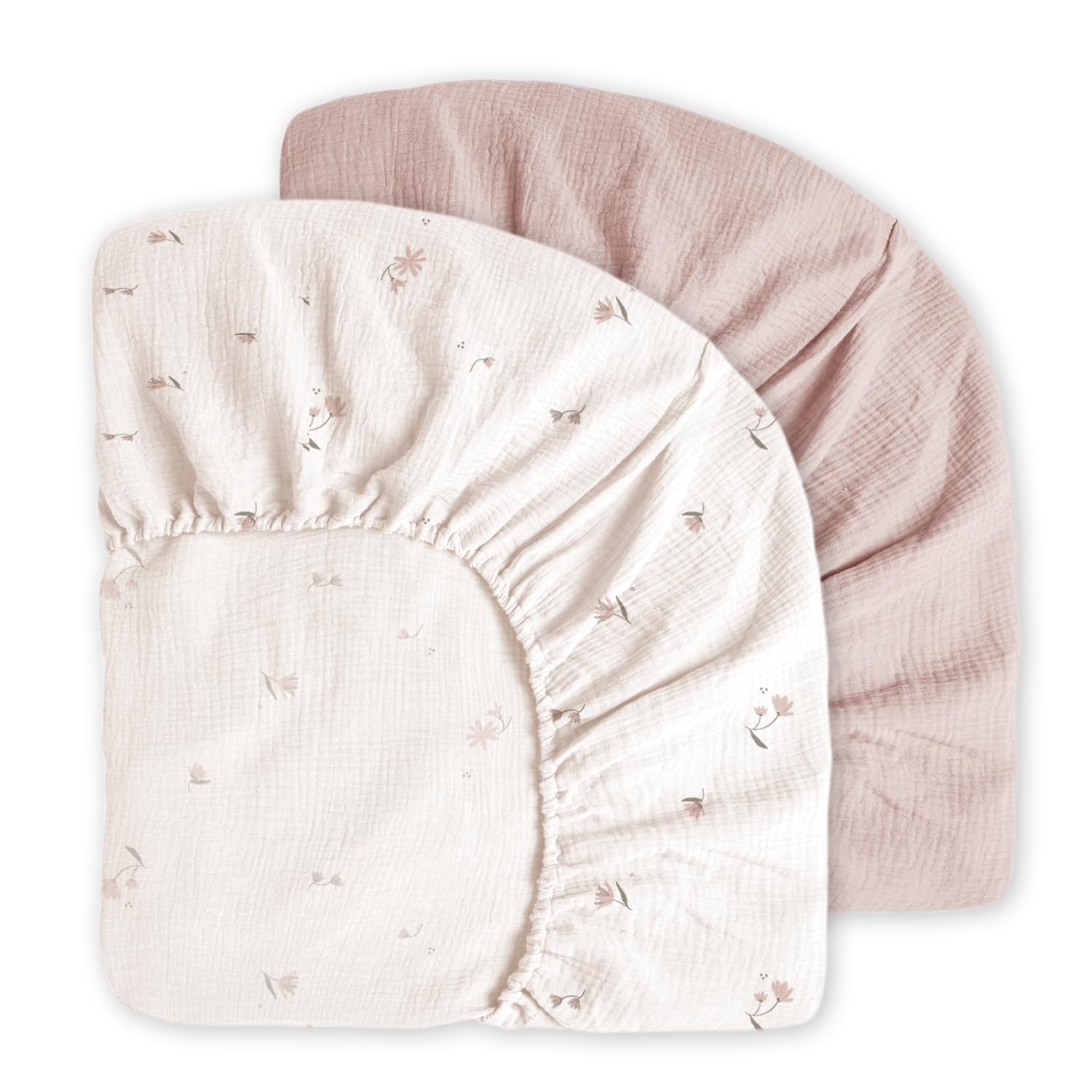 Little Grape Land 2-Pack Muslin Crib Sheets - 100% Cotton Soft Breathable Fitted Baby Bed Sheets for Standard Crib (52x28 inches) - Neutral Fog Flower Design for Boys & Girls - Perfect for Nursery, Daycare & Travel