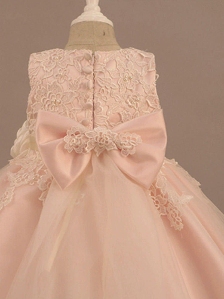 Pink Princess Round Tea Length Lace Flower Girl Dress for Weddings, Baptisms & Special Occasions