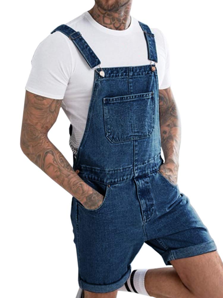 **Men's Denim Shorts Bib Overalls - Loose Fit Jean Romper with Button Pockets | Casual Summer Jumpsuit for Outdoor Walks, BBQ & Festivals**