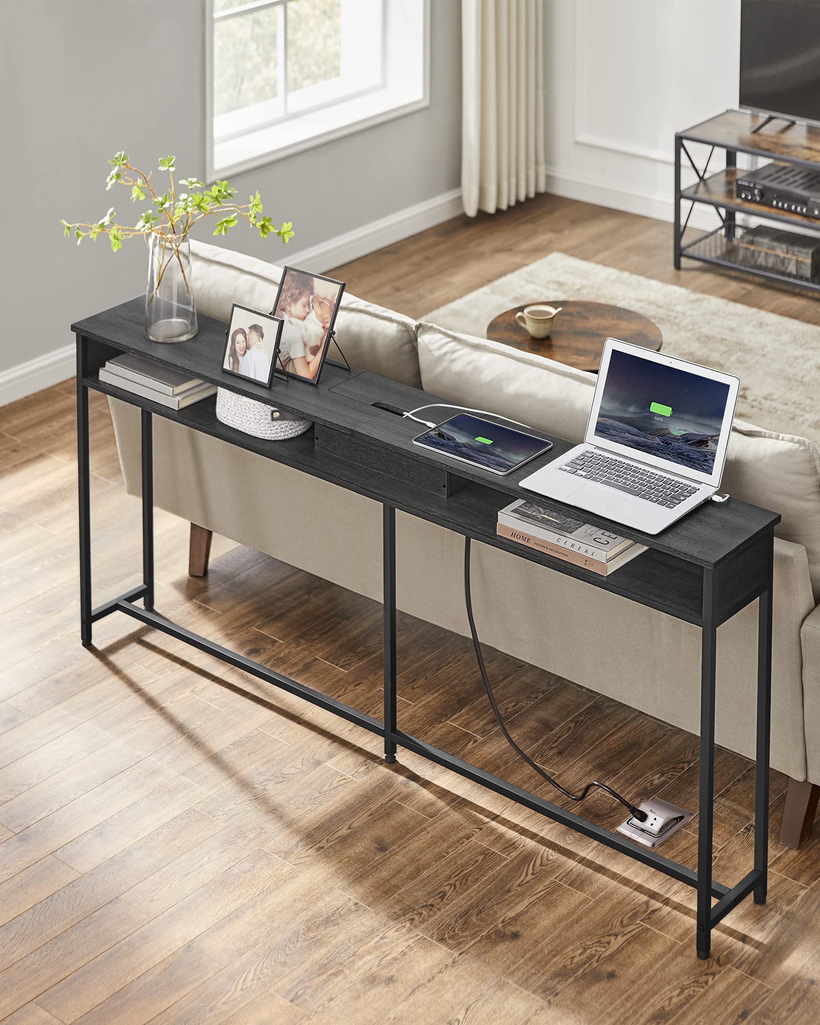 VASAGLE 70.9-Inch Modern Console Table with Built-in USB Outlet & 2 Shelves - Slim Sofa Table with Charging Station, Narrow Entryway Table for Hallway, Living Room - Charcoal Gray & Black ULNT118B22 | Perfect for Small Spaces, Behind Couch, Apartment Decor & Home Office Organization