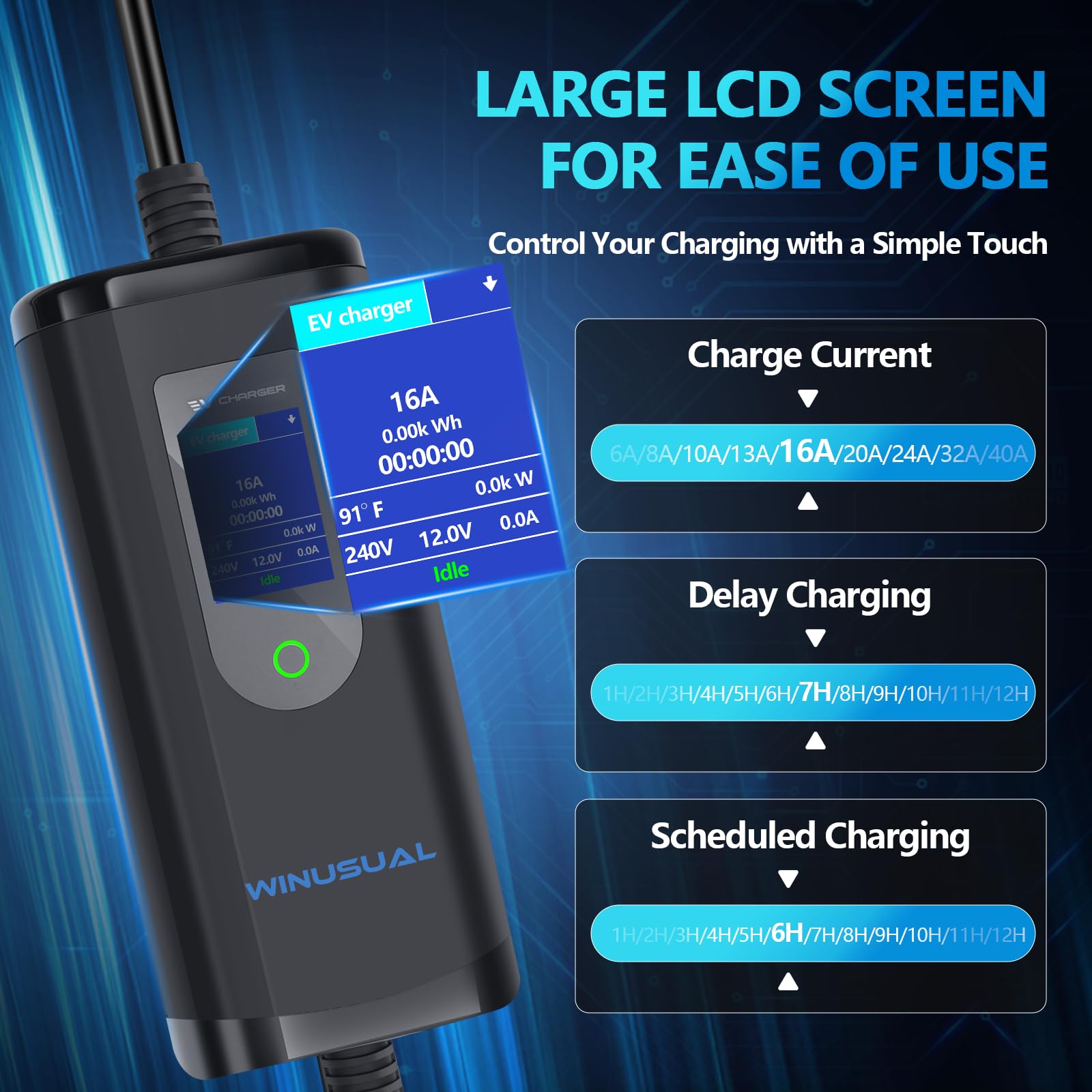 Portable Level 1 & 2 EV Charger - 16A 110-240V with Timer Function, 20FT Cable, NEMA 6-20 Plug & 5-15 Adapter, SAE J1772 Electric Vehicle Charger (Current Adjustable) - Perfect for Home, Office & Travel Charging (Not Compatible with Tesla)
