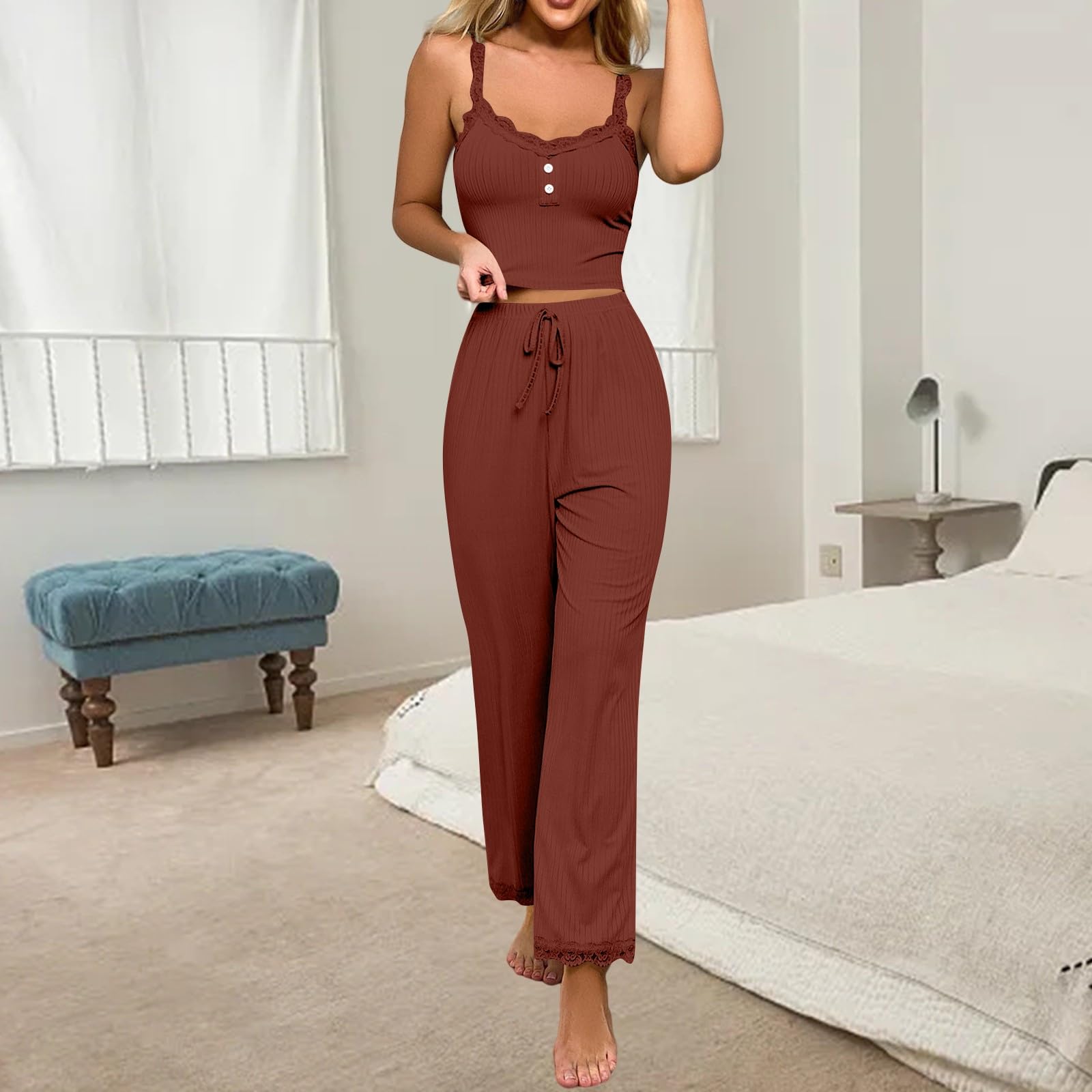 Women's 2-Piece Pajama Set - Sleeveless Camisole & Drawstring Pants for Summer Lounge Wear