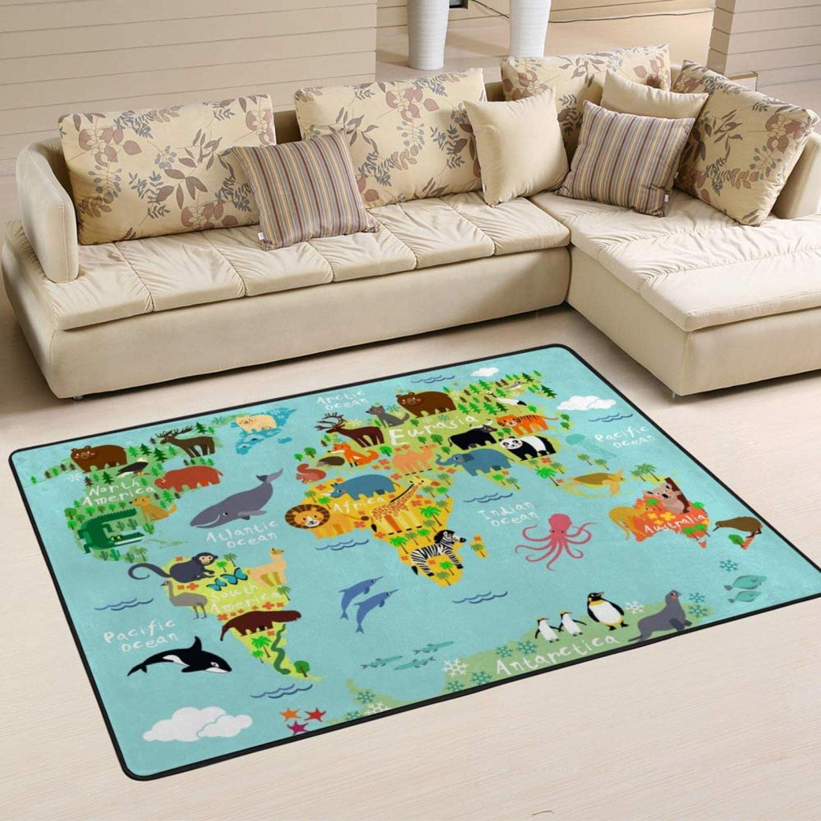 Educational Kids World Map Rug with Animal Distribution - Non-Slip 6'x4' Floor Carpet for Playroom, Classroom & Nursery - Living Room, Bedroom Home Decor Learning Mat for Children