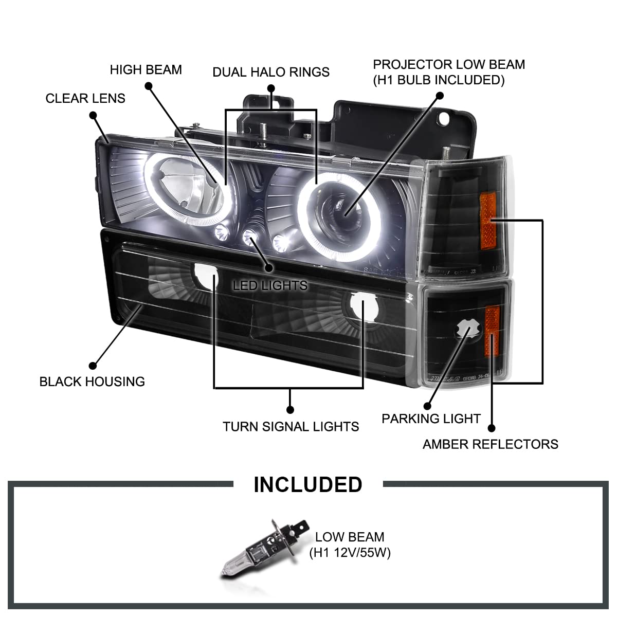 Spec-D Tuning Black LED Halo Projector Headlights with Bumper & Corner Lights - Compatible with 1994-1998 GMC C/K C10, Sierra, Yukon, Suburban - Left & Right Pair Headlamp Assembly - Upgrade Your Truck's Style & Night Visibility for Off-Roading & Urban Driving