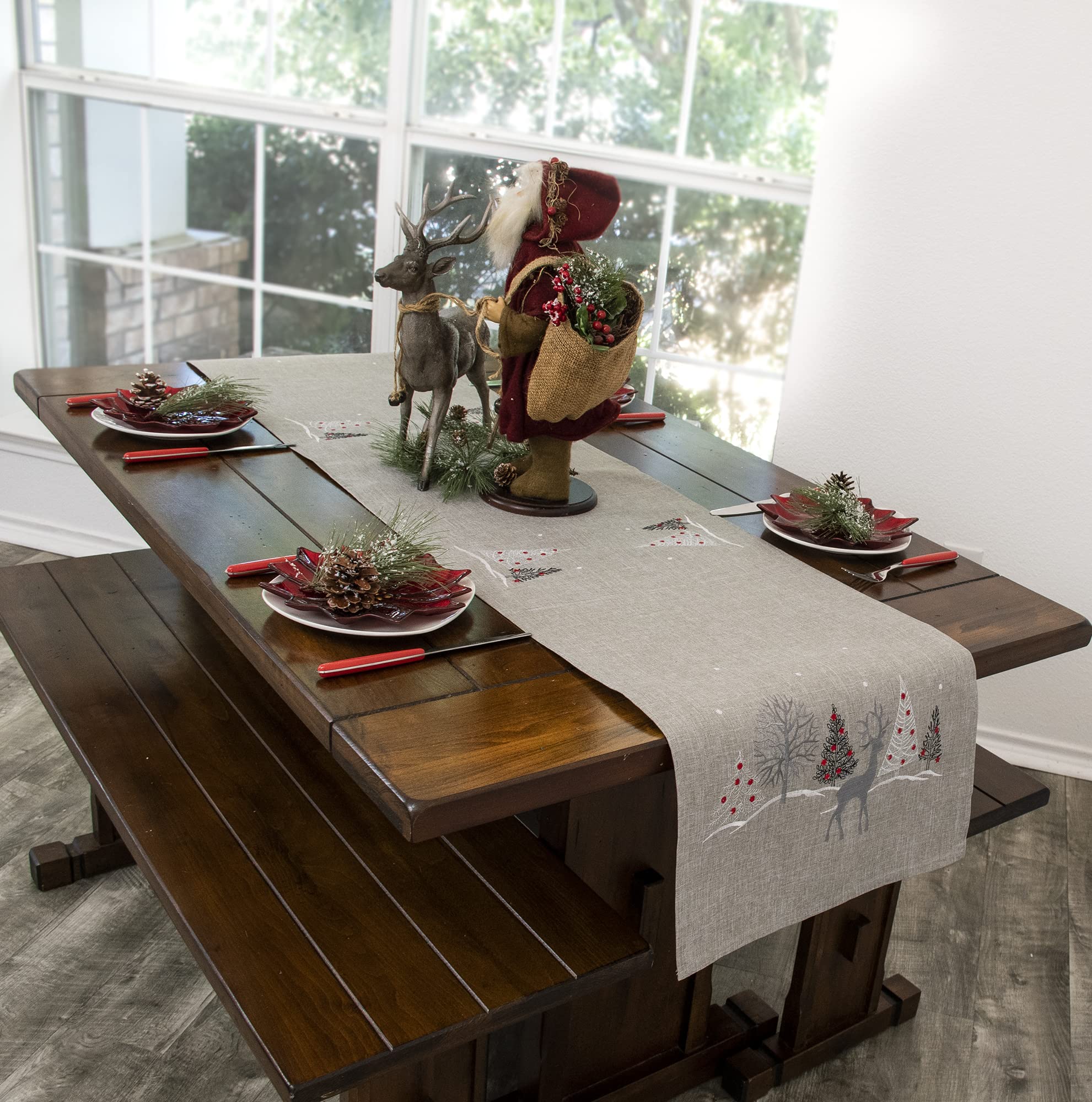 Embroidered Holiday Reindeer Christmas Table Runner - Light Gray Rectangle Dresser Scarf 16x67 inches - Perfect for Christmas Decor, Dining Table Centerpiece, Buffet Server & Holiday Home Decor