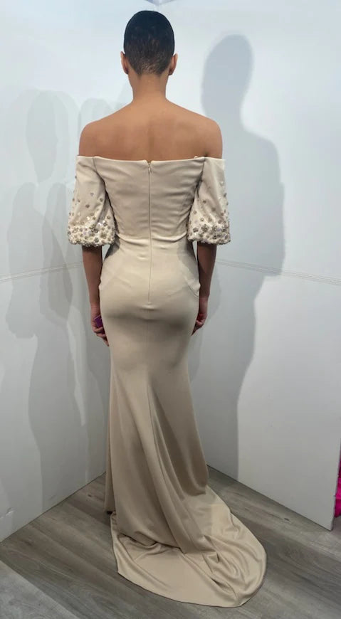 Jovani 09516 Cream Off-the-Shoulder Short Sleeve Evening Gown - Elegant Formal Dress for Prom, Wedding & Special Occasions