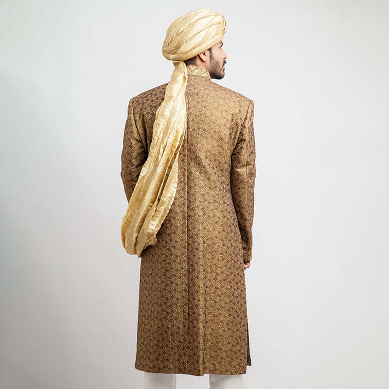 Antique Gold Brocade Silk Sherwani for Men | Elegant Indian Wedding Attire | Perfect for Grooms, Festivals & Special Occasions