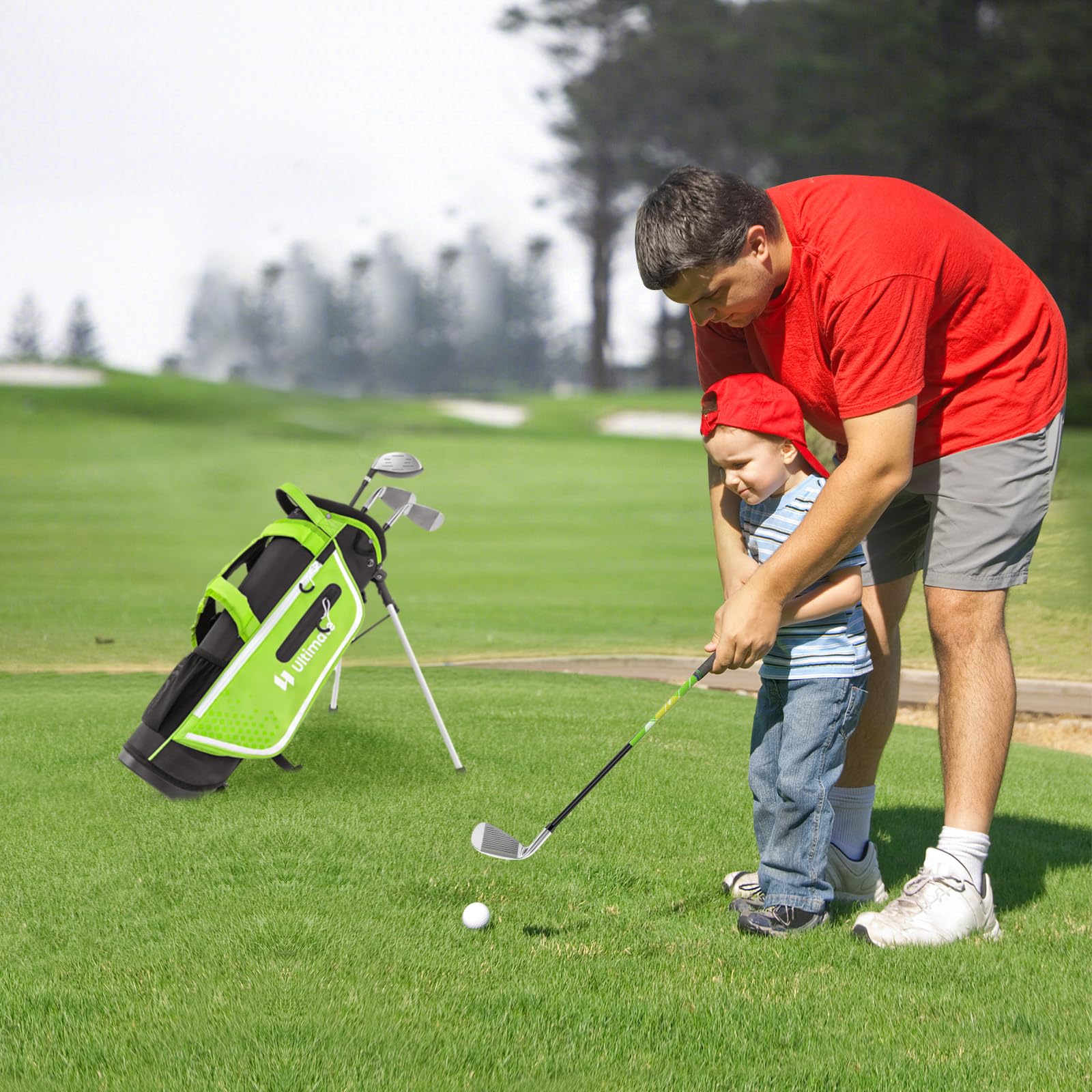Tangkula Kids Golf Club Set for Children Ages 5-7 - Right Handed Junior Golf Clubs with 205CC #3 Fairway Wood, #7/#S Irons & Putter - Includes Head Covers, Rain Hood & Stand Bag - Perfect for Backyard Practice & Junior Golf Tournaments