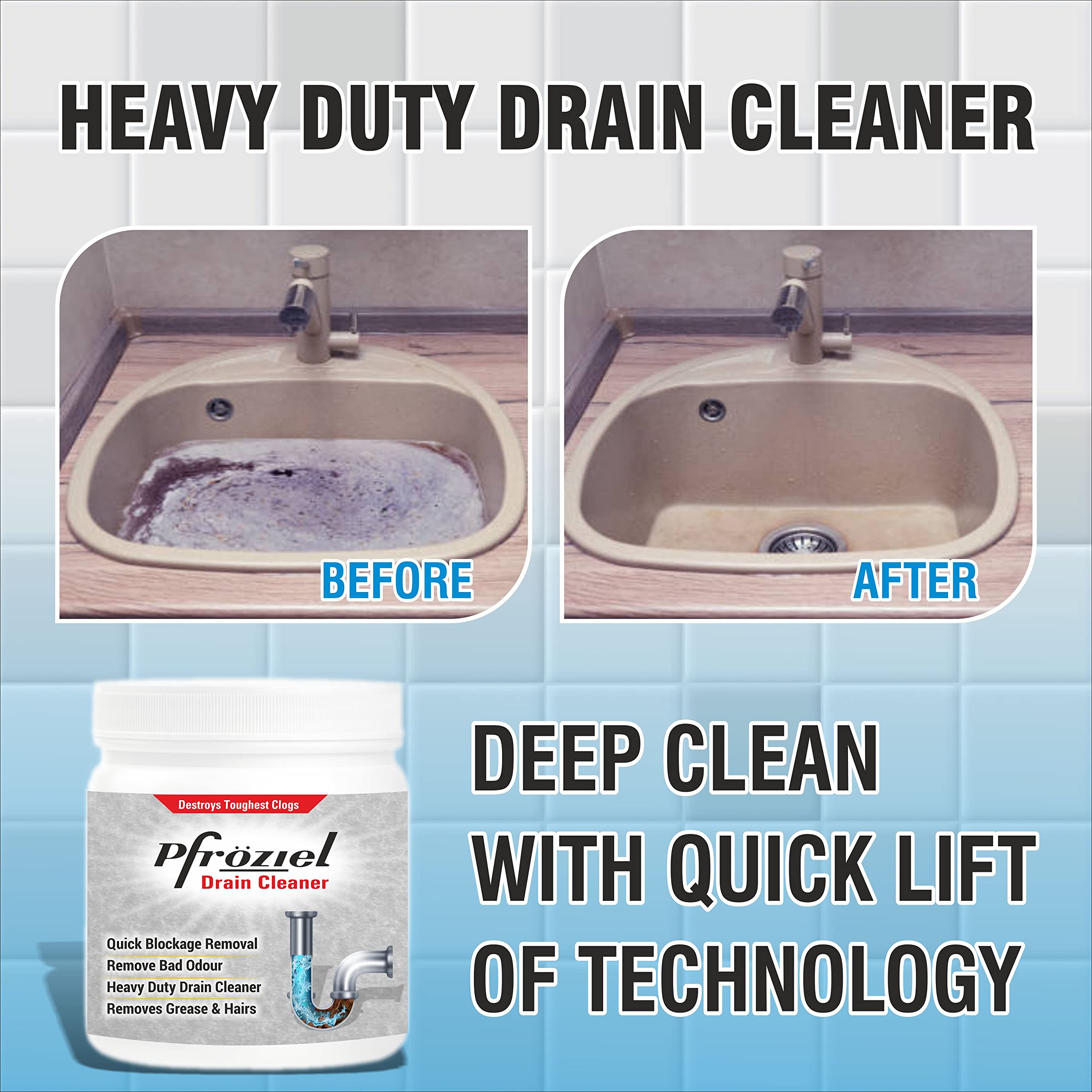 Pfroziel Heavy Duty Drain Cleaner Powder (450g) - Instant Clog Remover for Sink, Shower & Bathtub Pipes - Fast Unclogging Solution for Kitchen & Bathroom Drains