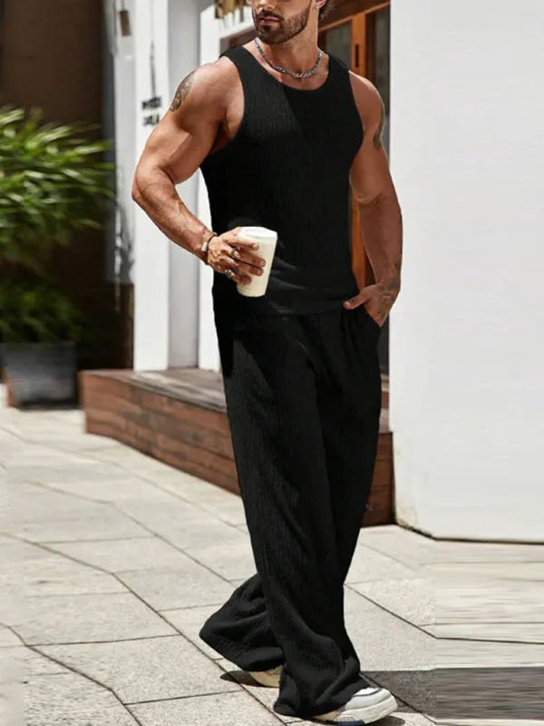 Men's Relaxed Ribbed Casual Two Piece Set - Comfortable Lounge & Sleepwear for Home & Travel