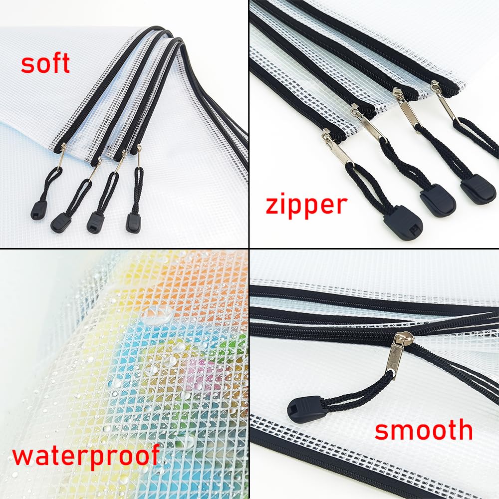 10-Pack Waterproof Mesh Zipper File Bags - Multi-Size Document Organizer for Office & School Supplies - Durable Plastic Storage Pouches for Board Games, Travel & Craft Organization (White & Black)