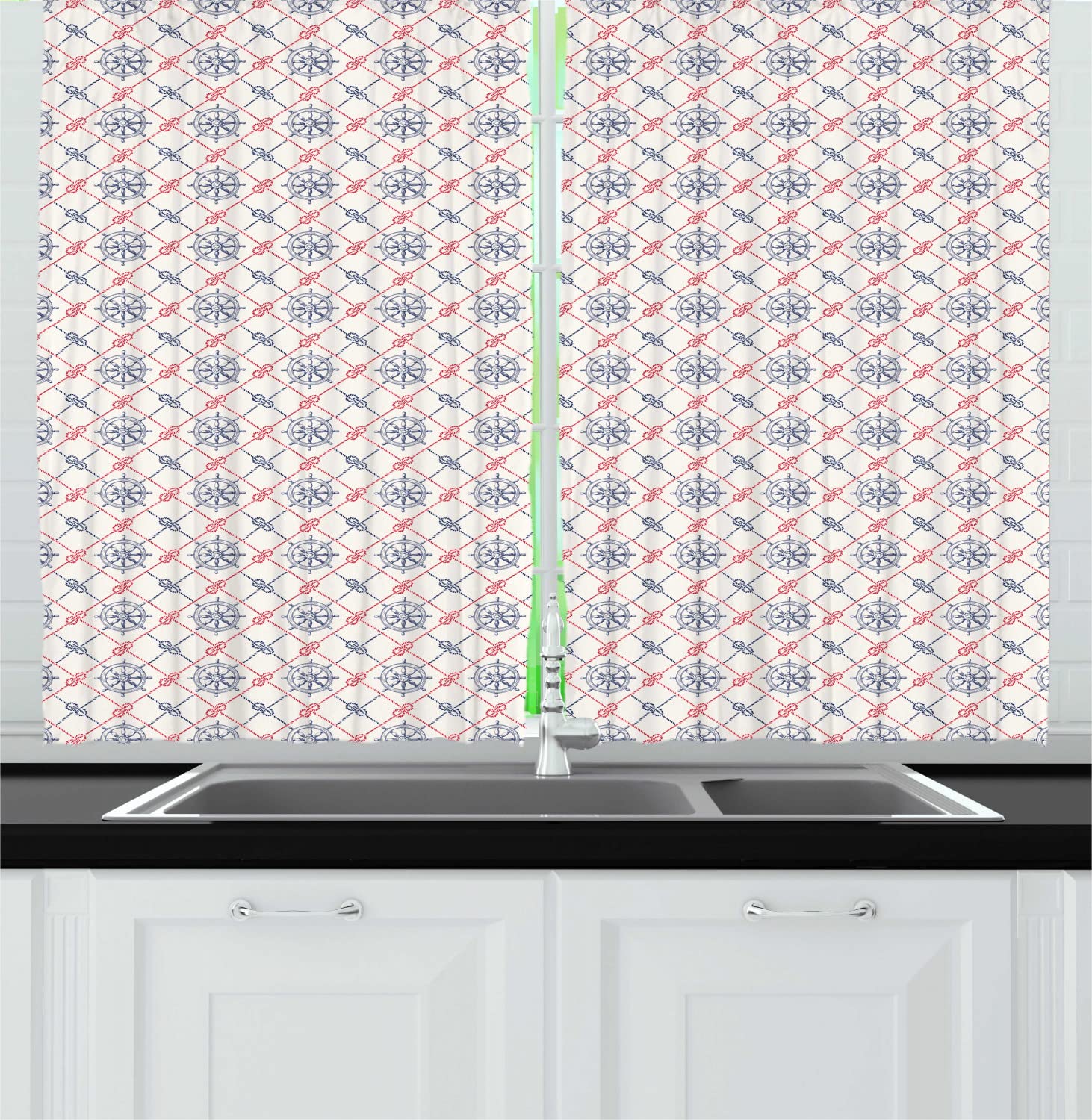 Ambesonne Nautical Kitchen Curtains - Blue Ivory Dark Pink Sailing Themed Window Drapes with Steering Wheel & Rhombus Patterns, 55