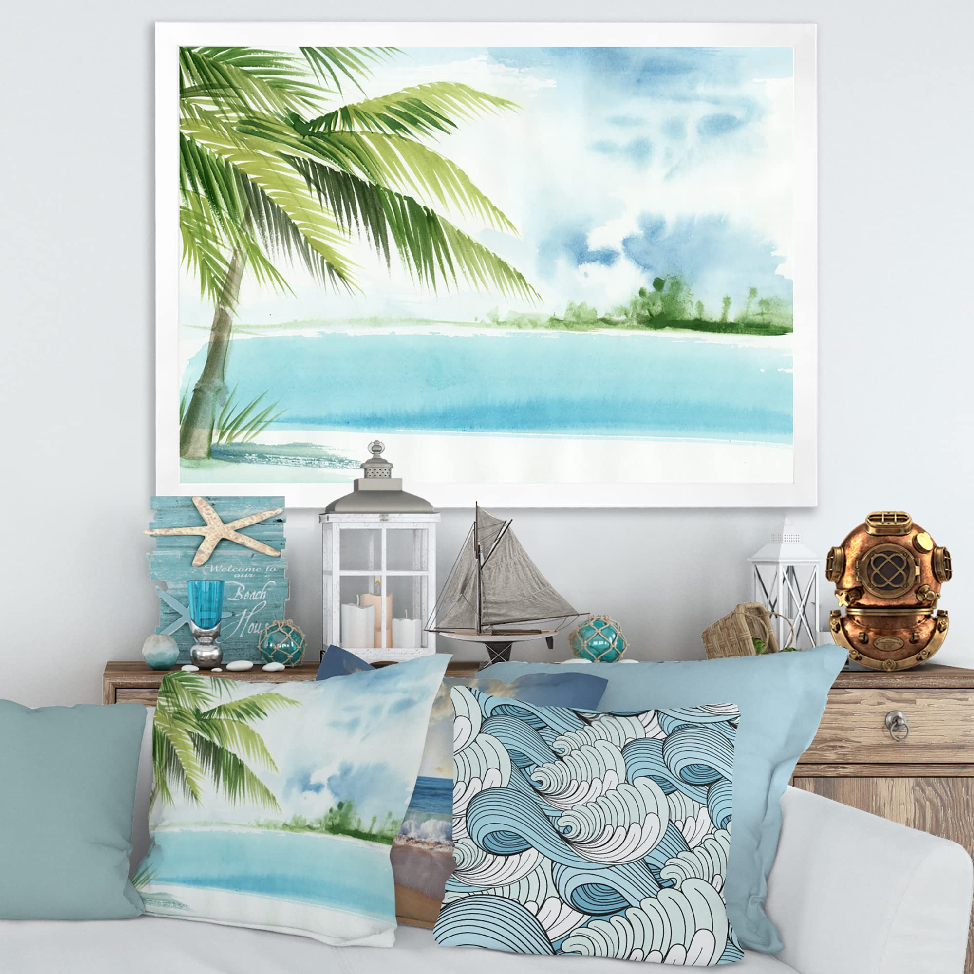 Palm Beach Resort At Dawn Nautical Coastal Framed Wall Art - Beach House Decor, Ocean Themed Living Room Painting, Coastal Bedroom Wall Decor