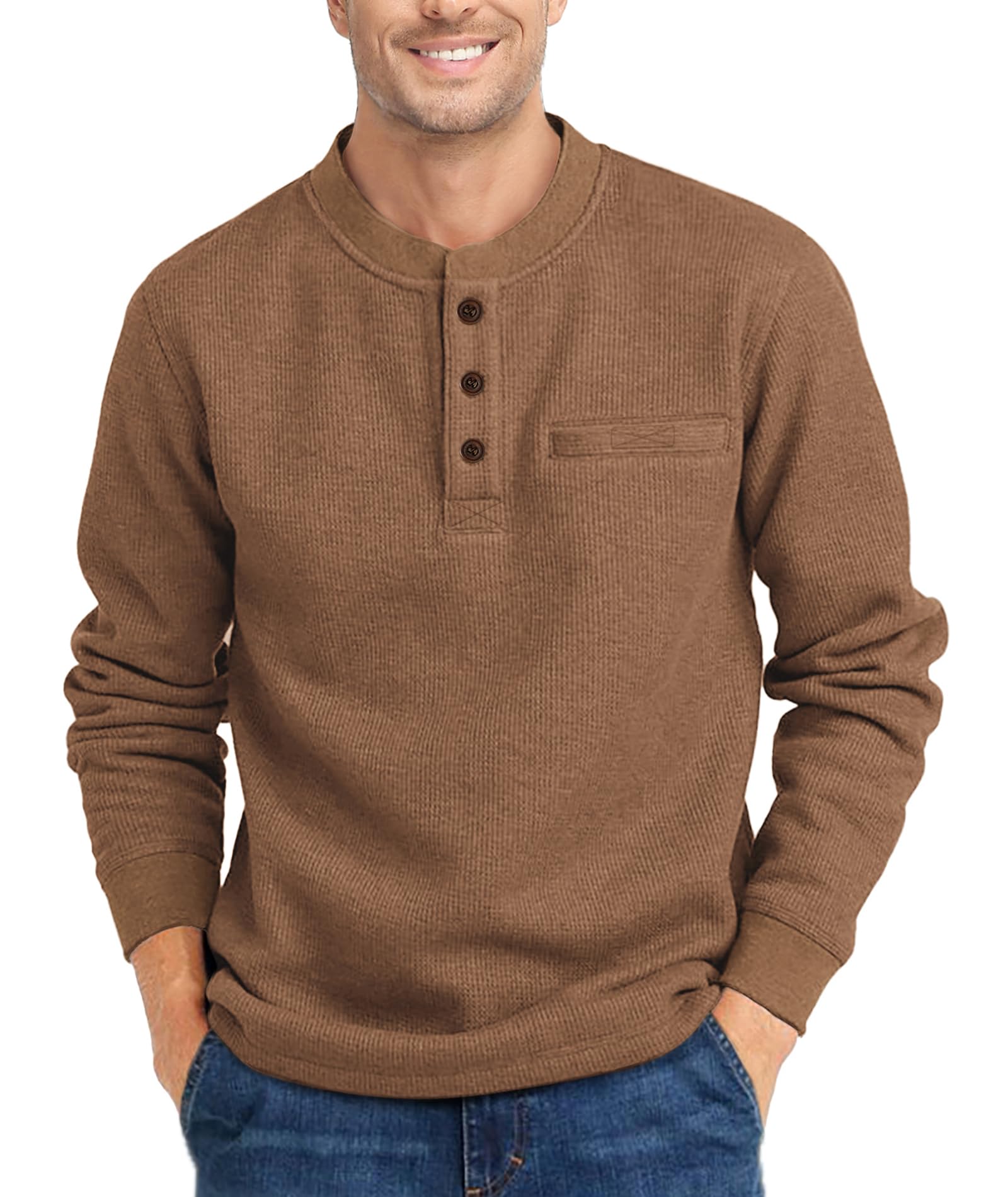 ZITY Men's Long Sleeve Henley Shirt - Casual Waffle Thermal Pullover with 3 Buttons & Pocket | Warm Winter Layering, Outdoor Activities, Workwear