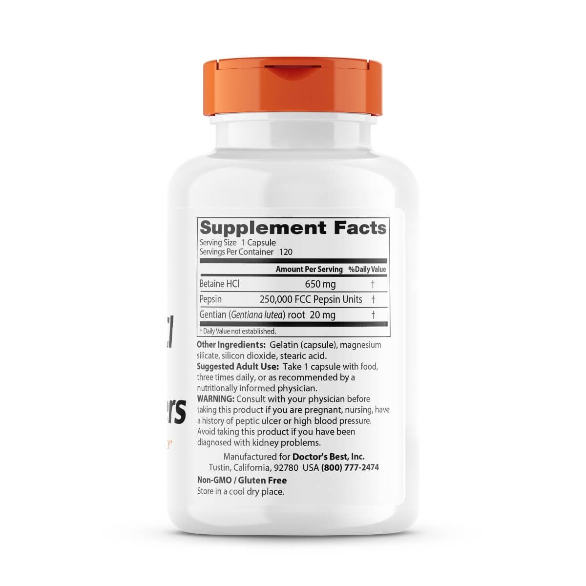 Doctor's Best Betaine HCL with Pepsin & Gentian Bitters Supplement - 120 Capsules for Digestive Support, Acid Reflux Relief & Gut Health | Supports Protein Digestion & Nutrient Absorption