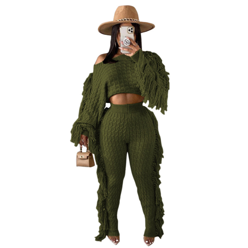 Solid Color Knitted Long Sleeve Fringe Suit - Women's Elegant Loungewear for Home, Office & Special Occasions