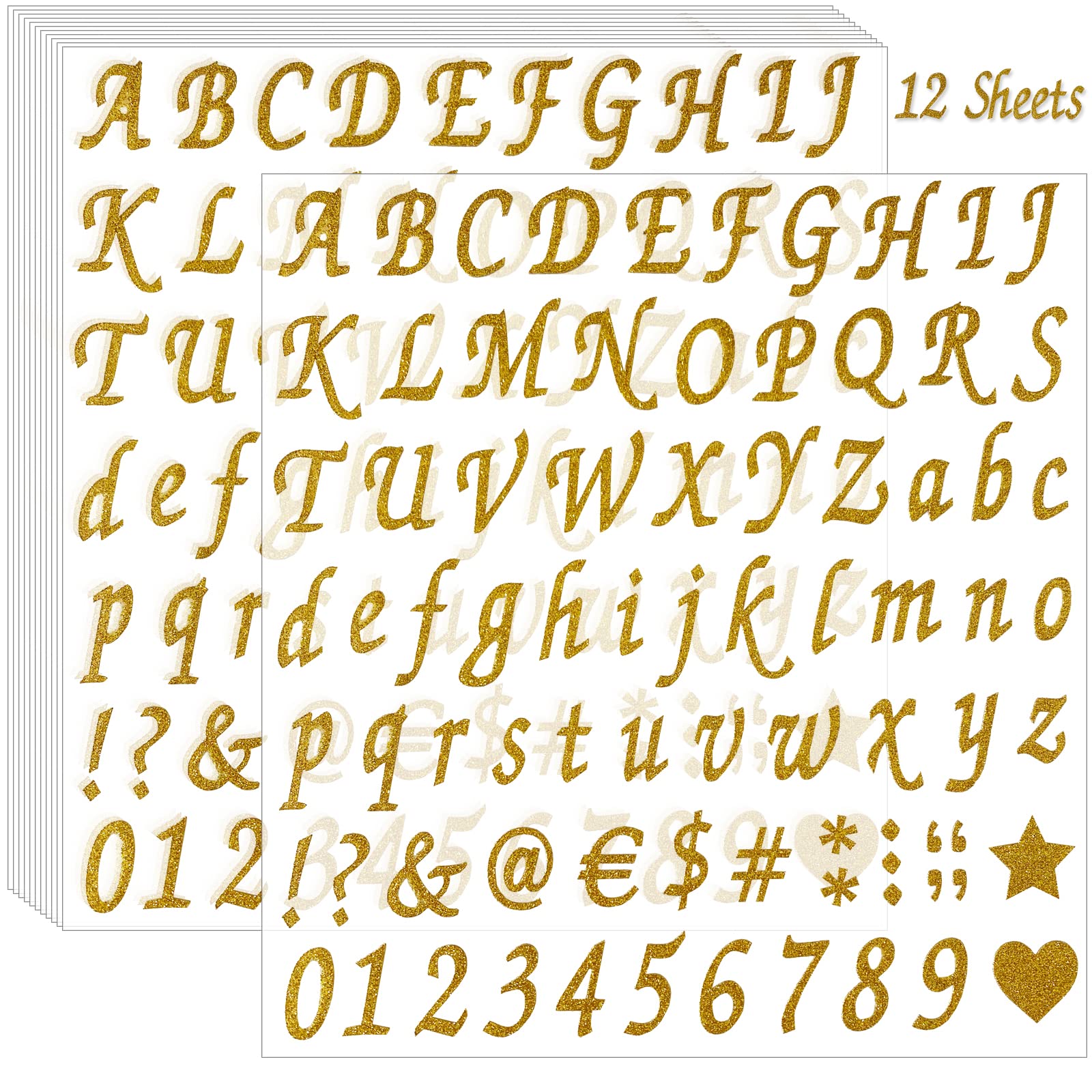 12 Sheets Gold Glitter Letter Stickers - Self Adhesive Alphabet & Number Decals for DIY Crafts, Mailbox Decor, Scrapbooking, Graduation Cap Decoration, Classroom Signs, Business Address & Car Decals - Perfect for Home, Office & School Projects