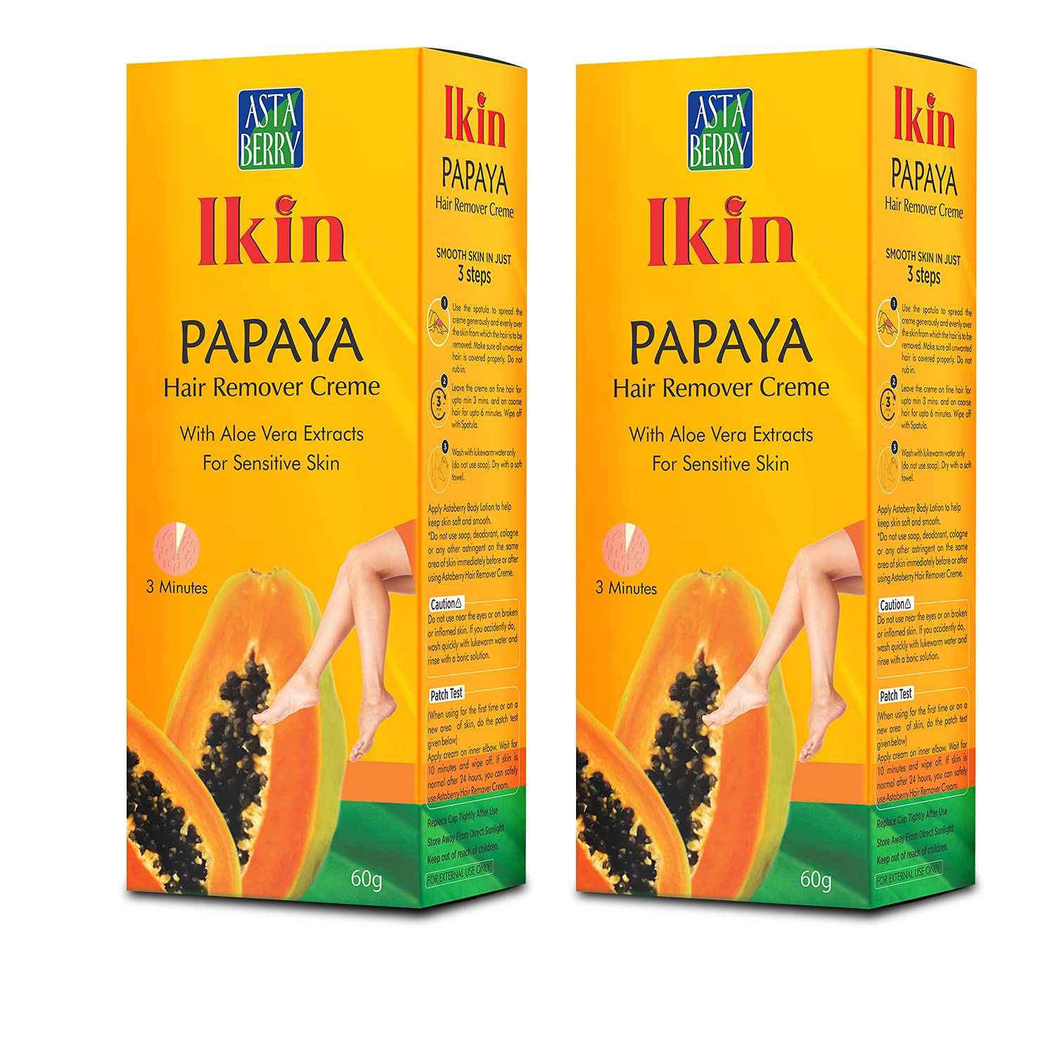Ikin Papaya Hair Removal Cream for Sensitive Skin - Gentle Bikini & Body Hair Remover for Women & Girls (2 Pack, 60g Each) | Painless Depilatory Cream for Smooth Skin at Home or Travel