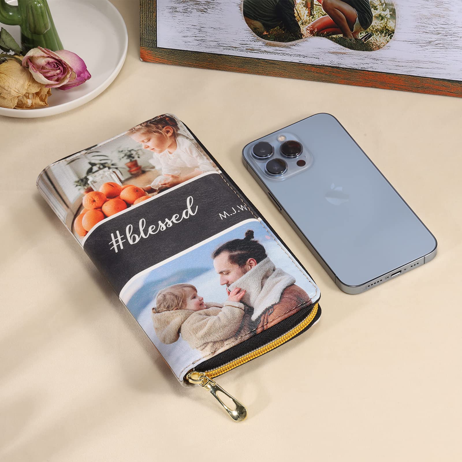 Custom Engraved Leather Wallets for Women - Personalized Photo & Name Zipper Wallet with Credit Card Slots - Elegant Gift for Mom, Wife, Her on Mother's Day, Birthday & Anniversary (Perfect for Travel, Work & Everyday Use)