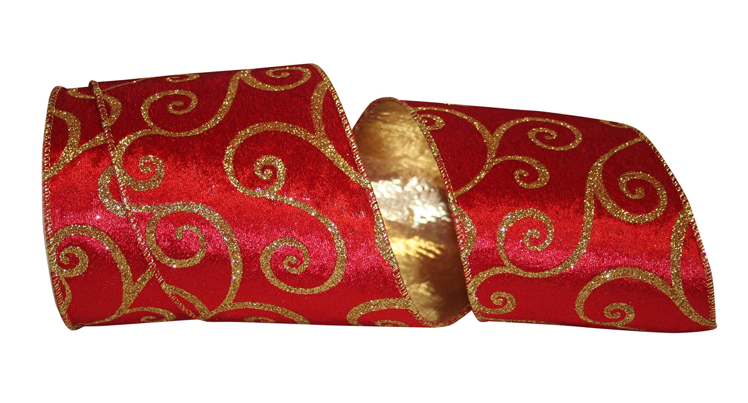 Reliant Ribbon Velvet Glitter Scroll Wired Edge Ribbon - 4 Inch x 10 Yards, Red/Gold - Perfect for Gift Wrapping, Christmas Decorations, Wedding Bouquets & DIY Crafts