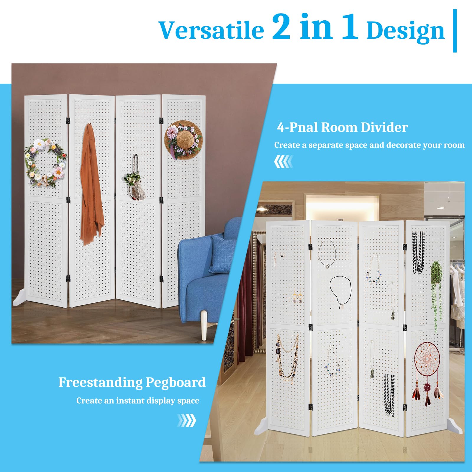 Bonnlo 4 Panel Pegboard Freestanding Organizer - 5 FT Portable Display Board for Craft Shows, Jewelry & Retail - Wooden Folding Privacy Screen Room Divider with Base (White) - Perfect for Trade Shows, Boutiques & Home Office Organization