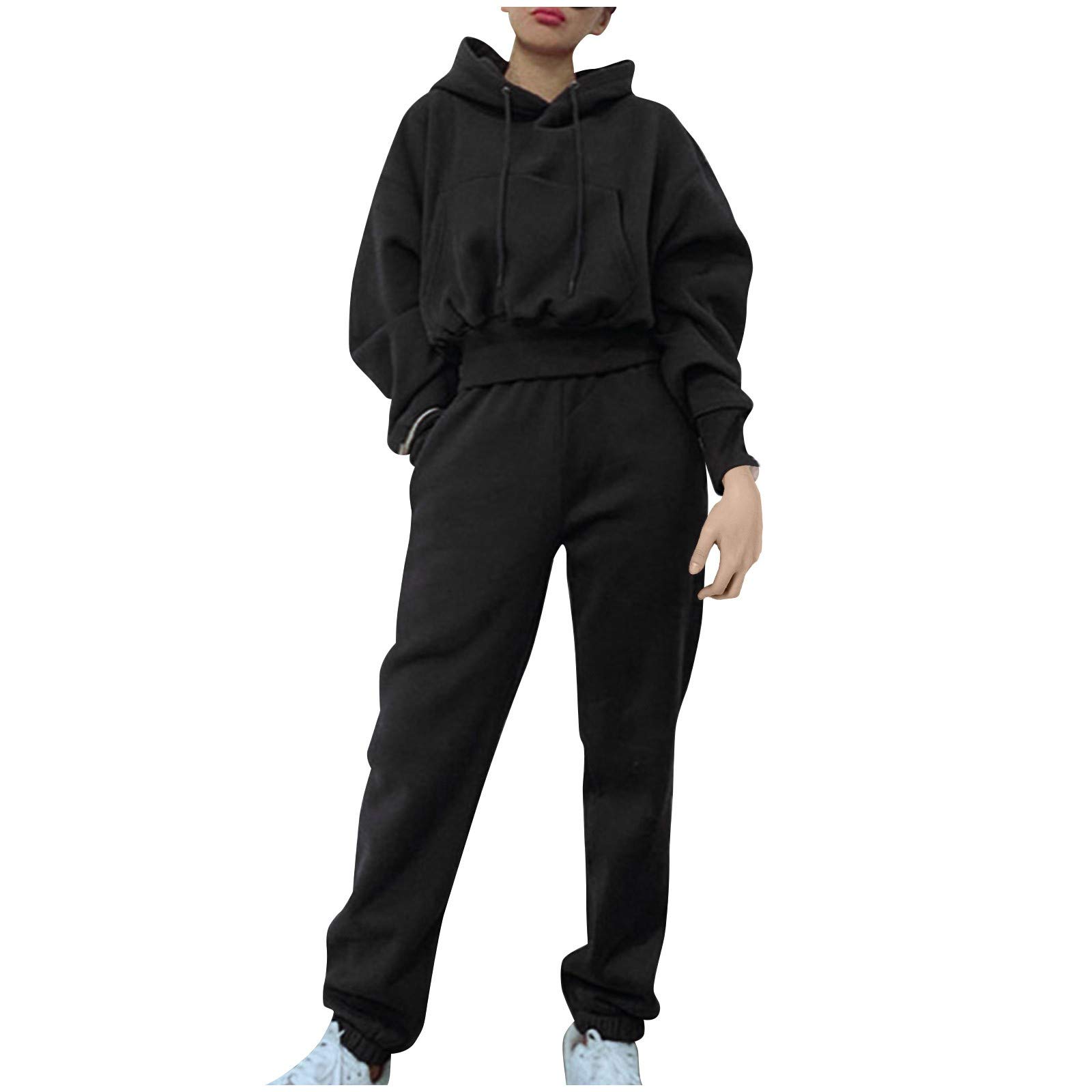 Women's 2-Piece Tracksuit Set - Solid Color Bat Sleeve Crop Hoodie with Pocket & Stretchy Jogger Pants | Casual Lounge Wear, Gym Outfit & Street Style Fashion