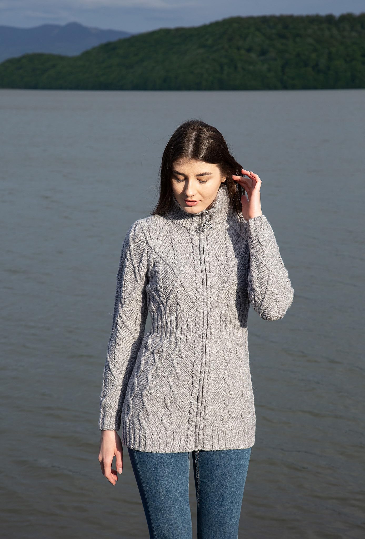 SAOL - 100% Merino Wool Women's Cable Knit Cardigan Full Zip Sweater | Warm Winter Coat for Women | Perfect for Outdoor Activities, Office Wear & Casual Outfits