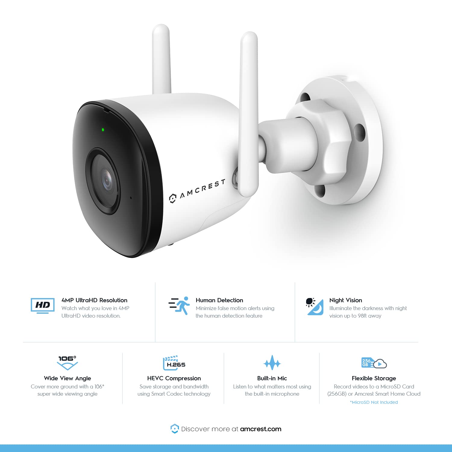 Amcrest SmartHome 4MP Outdoor WiFi Security Camera - 4K Bullet Camera with 98ft Night Vision, Built-in Mic, 106° FOV, 2.8mm Lens, MicroSD Storage (Sold Separately) - ASH43-W (White) - Ideal for Home Surveillance, Garage Monitoring, and Business Security