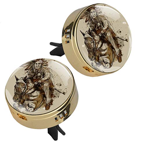 Premium Zinc Alloy Car Aromatherapy Diffuser - Golden Indian Chief Horse Rider Essential Oil Air Freshener Vent Clip with Rubber Cover (2 PCS + 4 Refill Pads) - Perfect for Cars, Offices & Home Fragrance