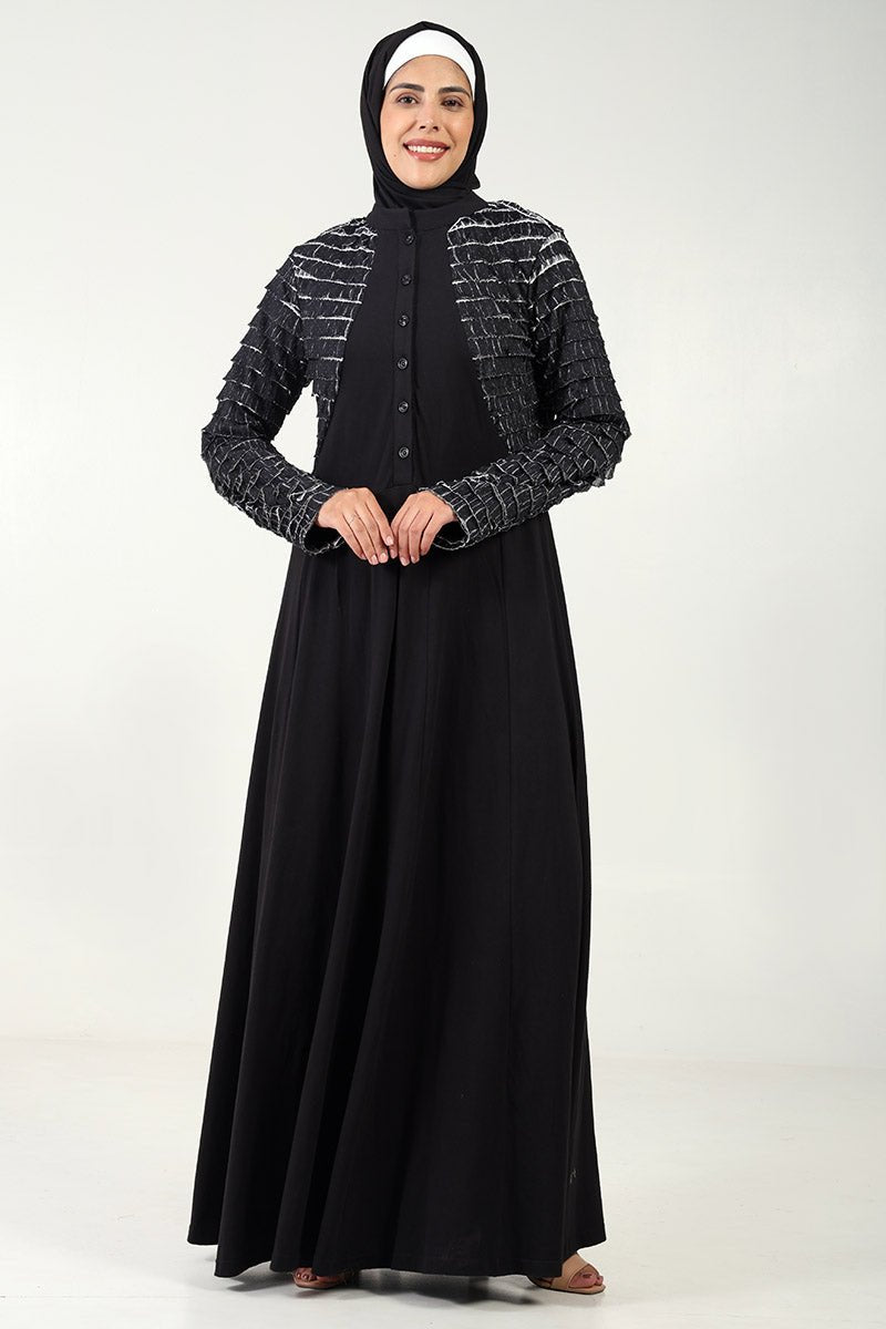 Elegant Black Cotton Jersey Flared Abaya with Contrast Frill Detailing - Perfect for Prayer, Modest Fashion & Special Occasions