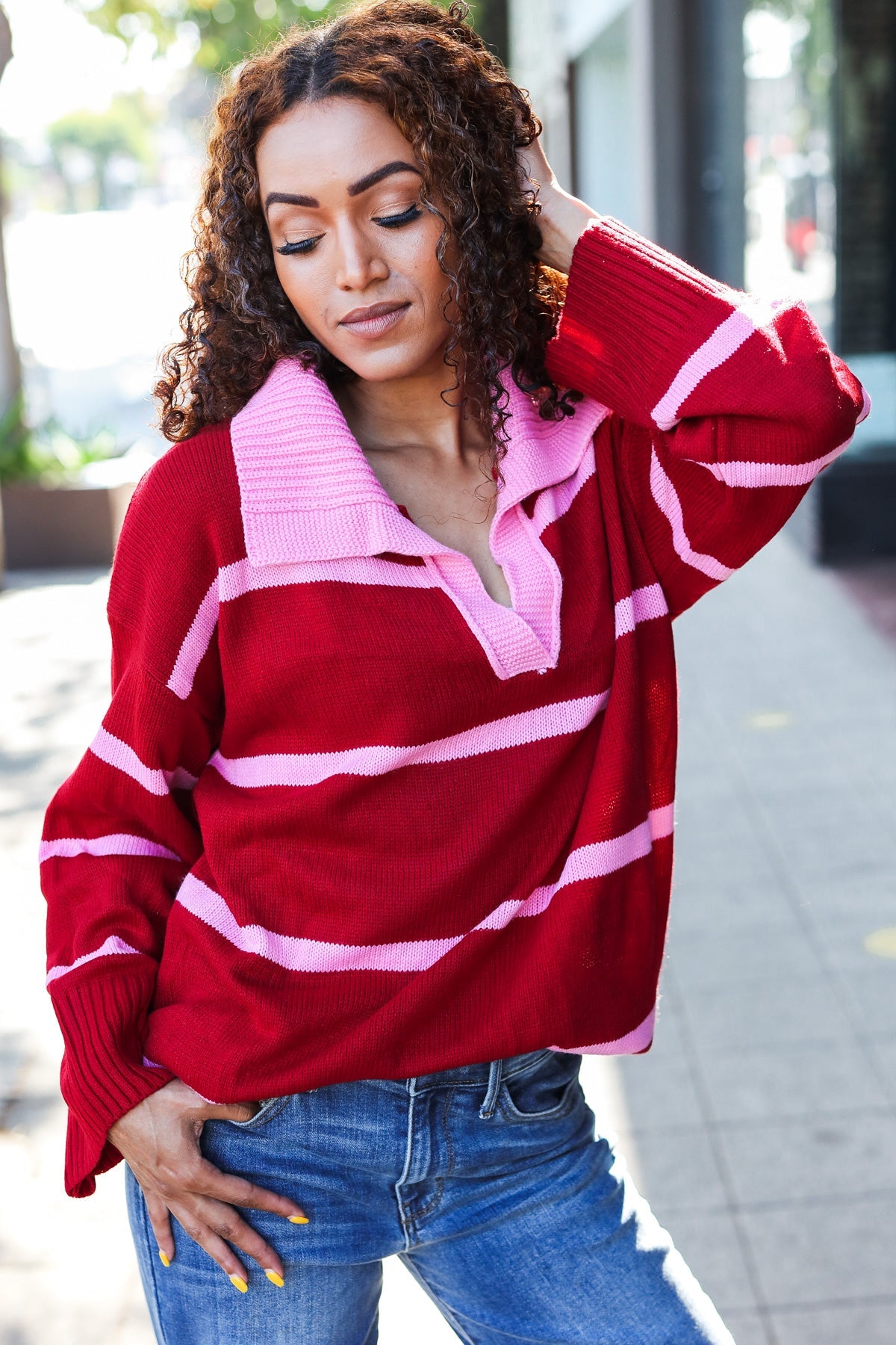 Fall For You Crimson Stripe Notched Neck Collared Oversized Sweater - Women's Cozy Knit Pullover for Autumn & Winter | Perfect for Casual Outfits, Date Nights & Holiday Gatherings