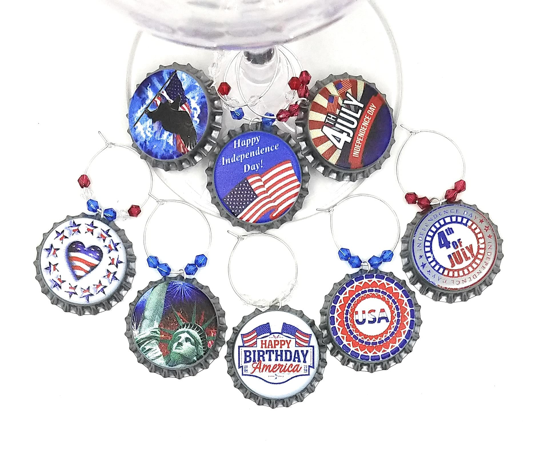 4th of July Wine Charms Set - Patriotic Independence Day Glass Markers & Bottle Cap Charms (8-Piece) - Perfect for Memorial Day BBQs, Summer Parties & Holiday Celebrations