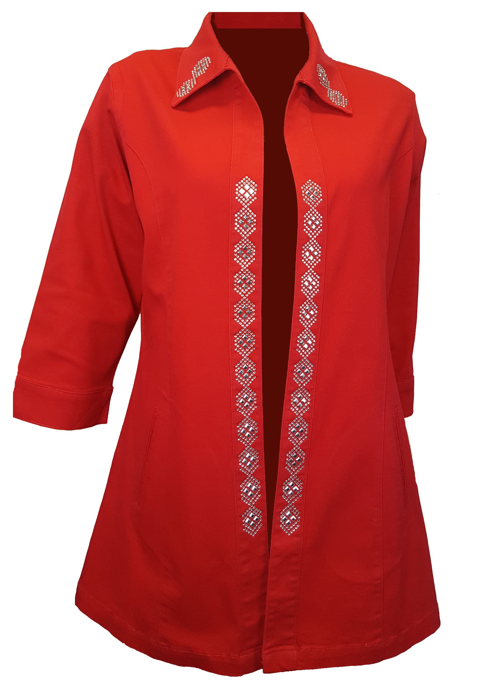 Stylish Women's Red Denim Stretch Bling Duster Jacket - Fashionable Longline Cover-Up for Casual Outings, Parties & Date Nights
