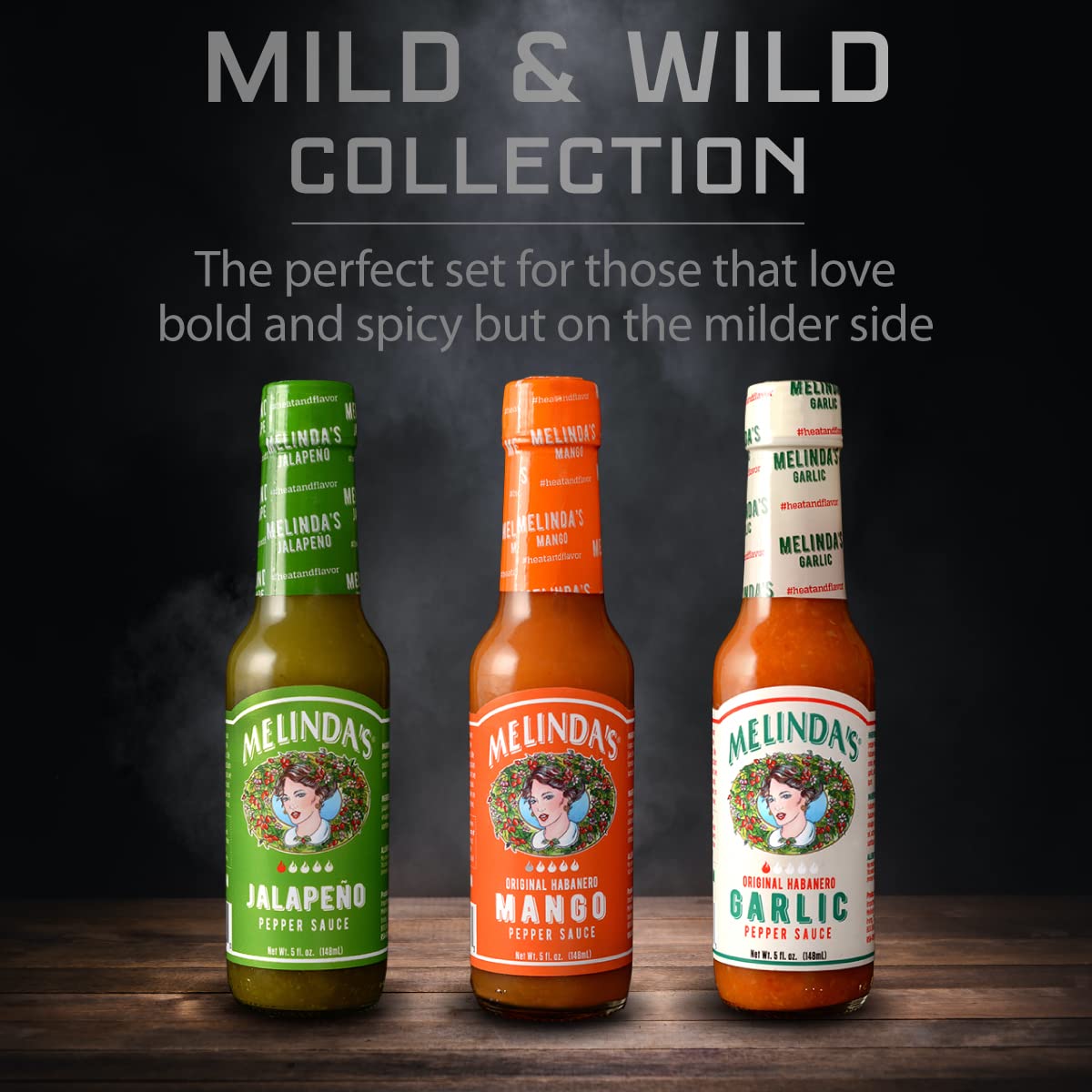 Melinda’s Mild & Wild Gourmet Hot Sauce Variety Pack - 3 Bottles (5oz Each) with Jalapeño, Mango & Garlic Habanero Flavors | Mild Heat Premium Hot Sauce Gift Set for Tacos, Wings & BBQ | Perfect for Home Cooking, Gifts & Spicy Food Lovers