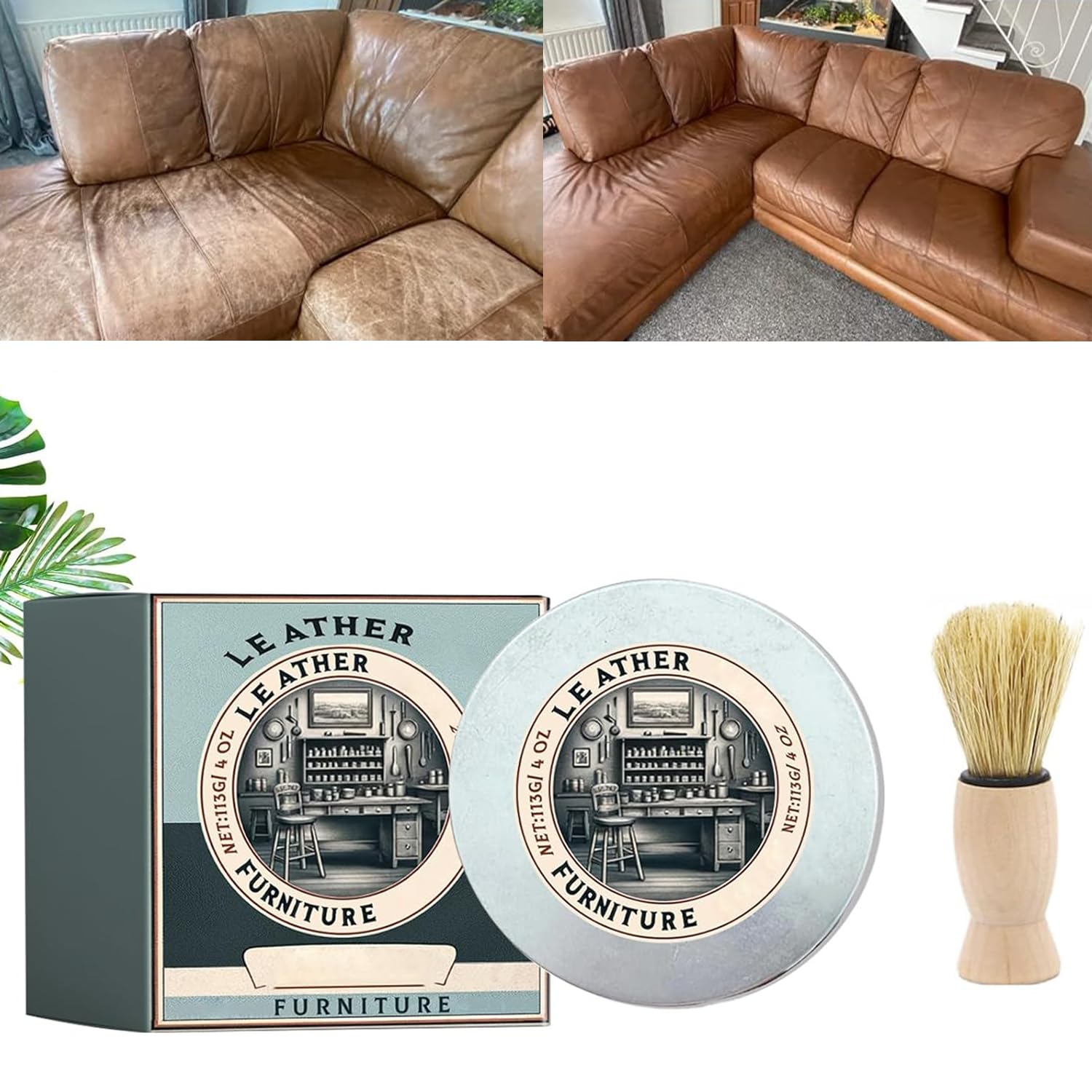 Premium Leather & Wood Polish Wax with Boar Bristle Brush - Furniture Care Kit for Sofas, Chairs & Tables - Restores Shine & Protects Leather Upholstery, Wooden Furniture - Ideal for Home, Office & Vintage Furniture Maintenance (1pc)