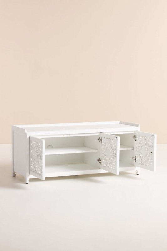Hand Carved Lombok Storage Bench - Solid Wood Entryway Bench with Storage for Shoes & Coats | Perfect for Hallway, Living Room & Bedroom Organization