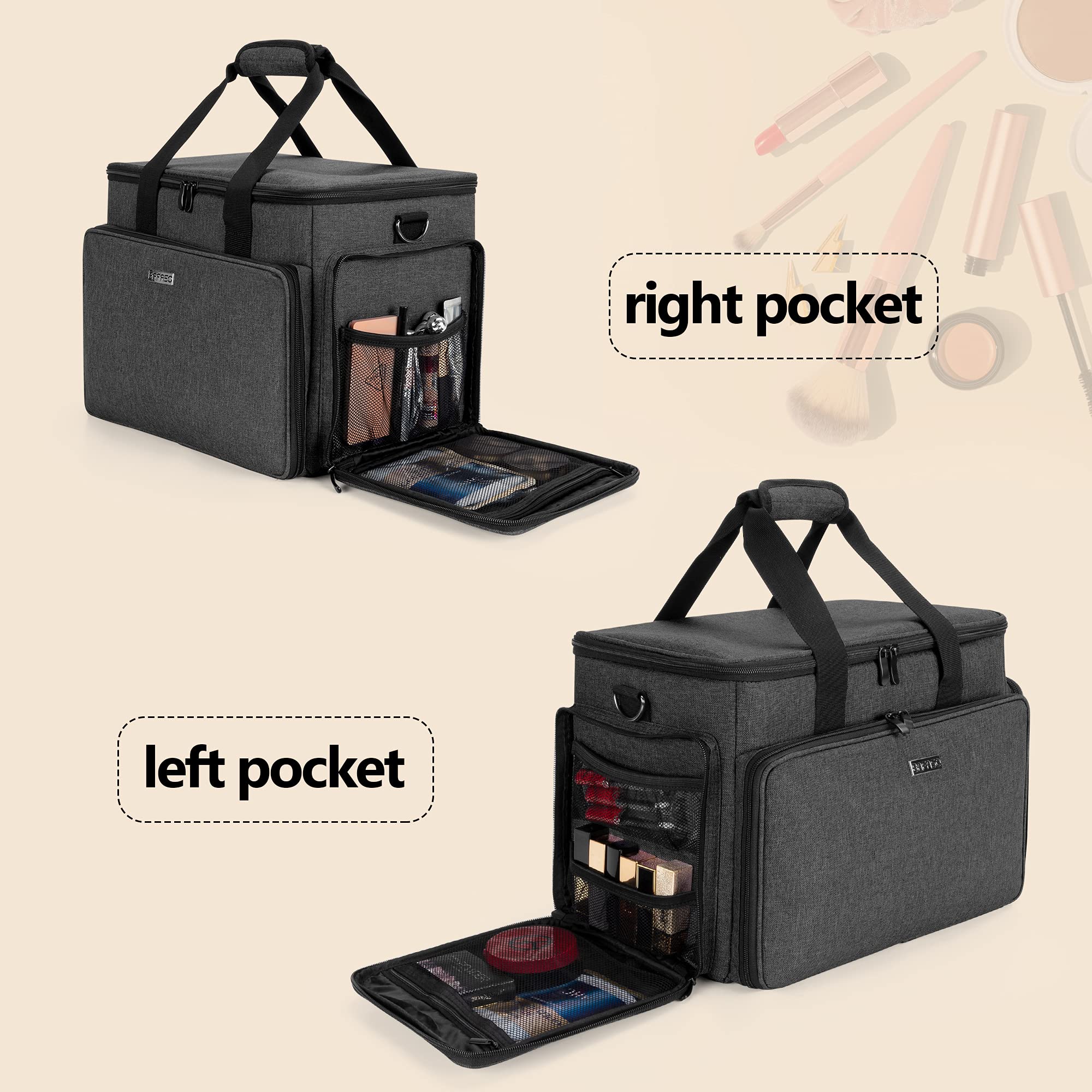 BAFASO Large Waterproof Cosmetic Bag with Adjustable Dividers - Travel Makeup Organizer Case for Brushes, Lipsticks & Skincare - Perfect for Vacation, Gym & Daily Use (Black)