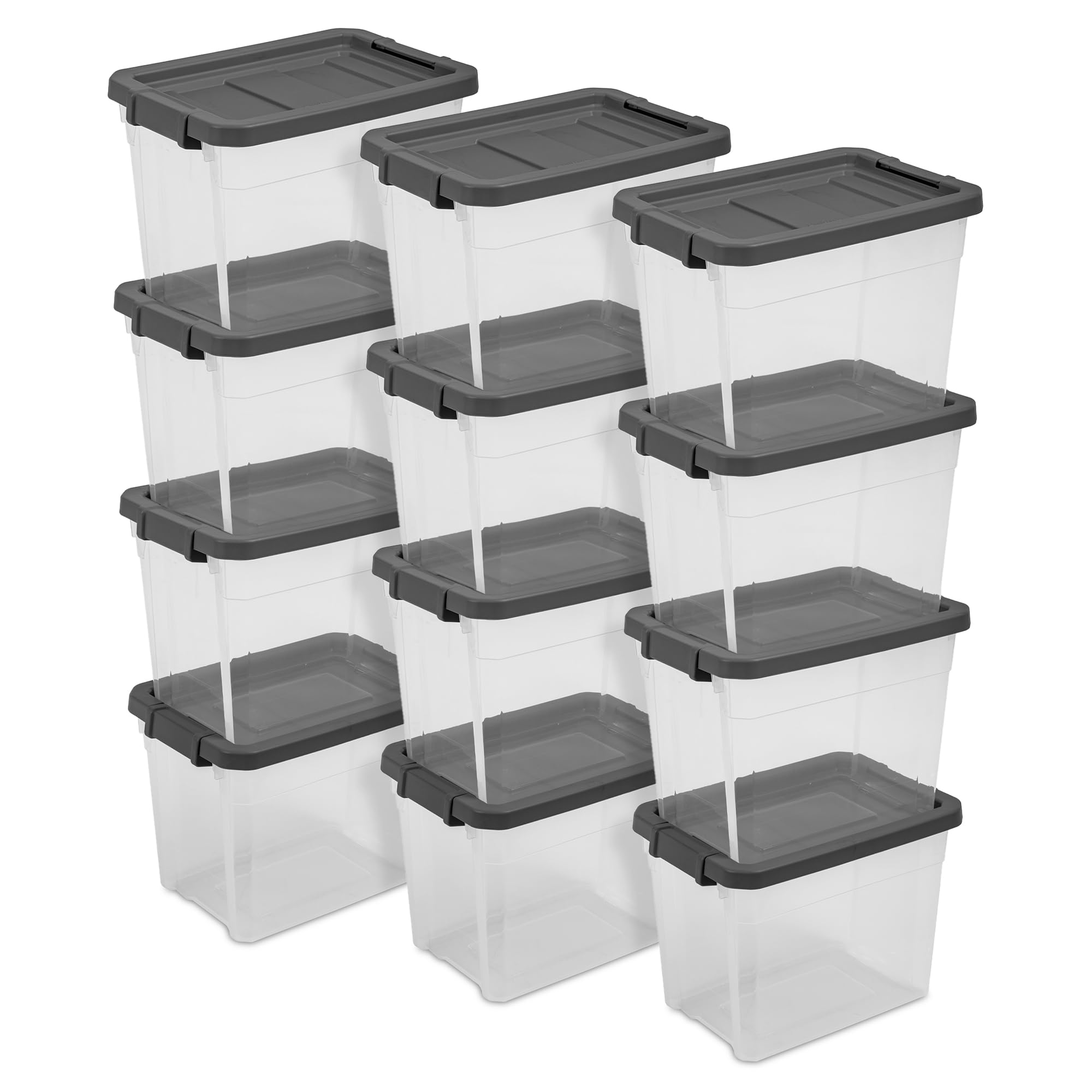 Sterilite 12-Pack 30 Quart Clear Plastic Storage Bins with Secure Latching Lids - Modular Stackable Organizer for Home, Office & Garage Storage Solutions