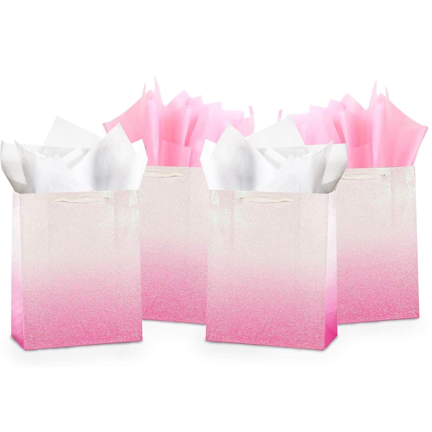 12Pcs Pink Glitter Ombre Gift Bags Bulk - 100% Recyclable Wrapping Paper Bags for Bridal Showers, Baby Showers, Weddings & Birthdays - Medium 9x7x4 inch Party Favors - Perfect for Easter, Mother's Day & Thank You Gifts