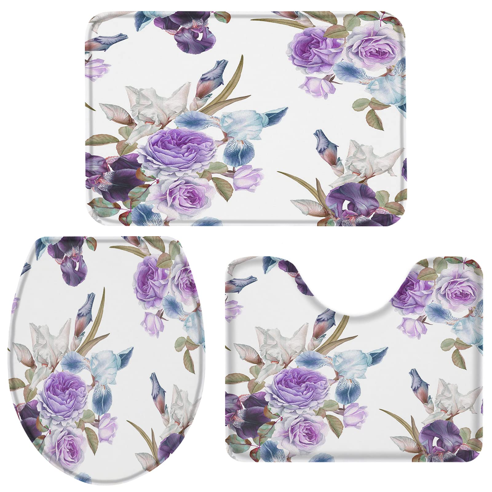 3-Piece Non-Slip Bathroom Rug Set - Soft Water Absorbent Purple Hydrangea Rose Bath Mats with U-Shaped Contour Rug & Toilet Cover - Perfect for Bathroom Floor Safety and Decor