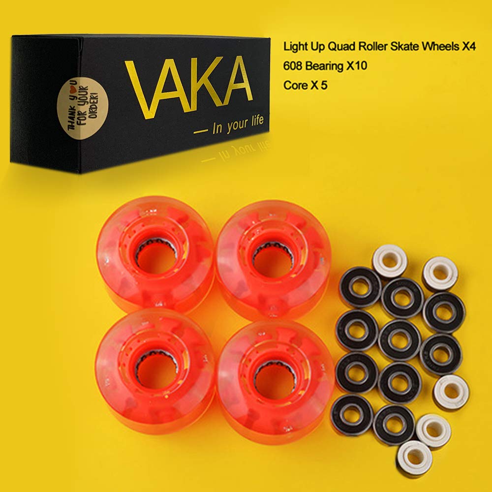 VAKA Luminous LED Light Up Quad Roller Skate Wheels 32mm x 58mm - 4 Pack with Premium BankRoll Bearings - Glow in The Dark for Night Skating, Rink Parties & Outdoor Roller Disco Fun