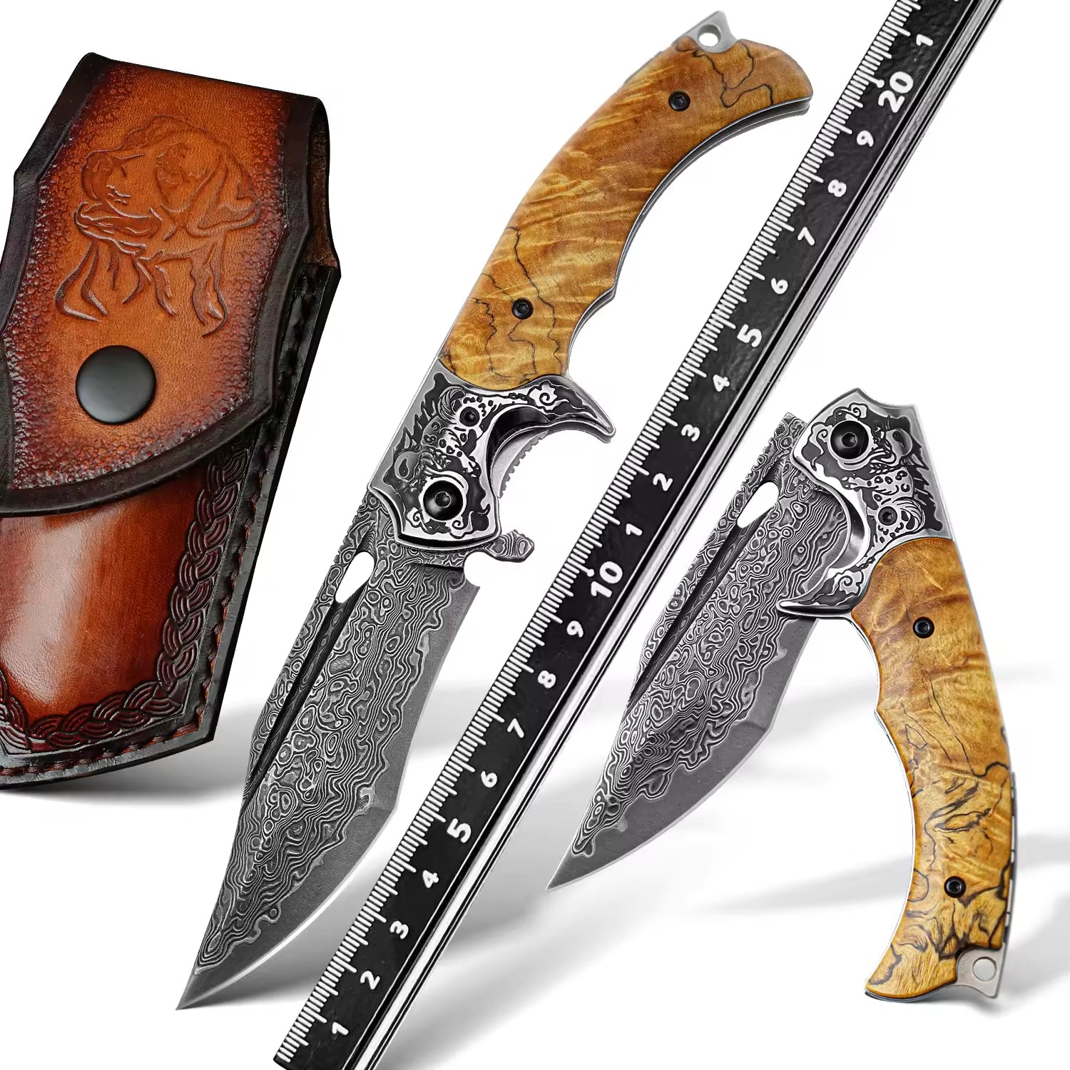 Premium VG10 Damascus Steel Japanese Pocket Knife - Exotic Birch Burl Wood Handle - Outdoor Camping, Hunting & EDC Survival Tool