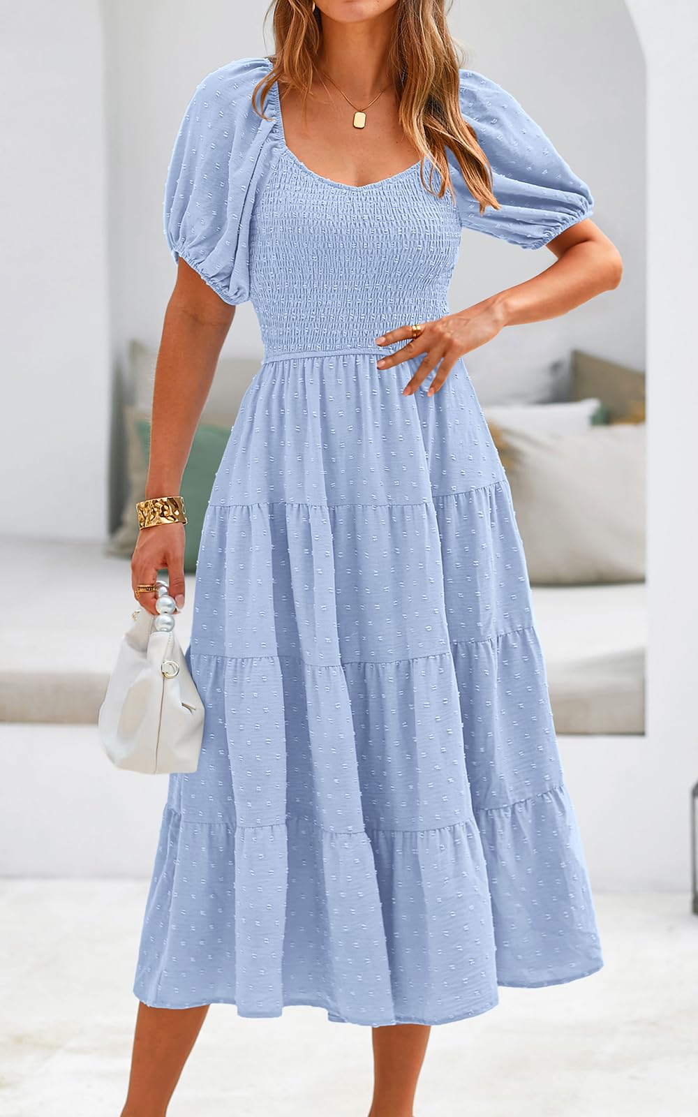 PRETTYGARDEN Women's Floral Chiffon Maxi Dress with Puff Sleeves & V-Neck - Swiss Dot High Waist Tiered Smocked Summer Dress for Beach Vacation, Wedding Guest & Date Night Outfits