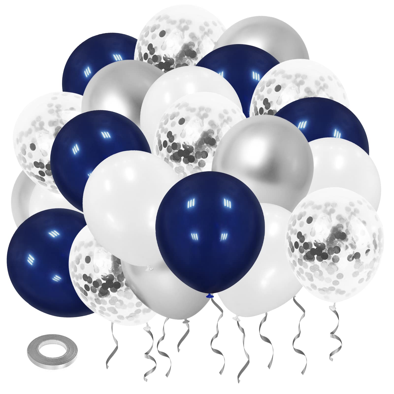 **50pcs Navy Blue & Silver Confetti Balloons - 12 Inch Metallic & Pearlized White Latex Balloons for Birthday, Wedding, Baby Shower, Bridal Shower - Party Decorations & Supplies**    *(Perfect for Indoor/Outdoor Celebrations, Photo Backdrops, and Festive Events!)*