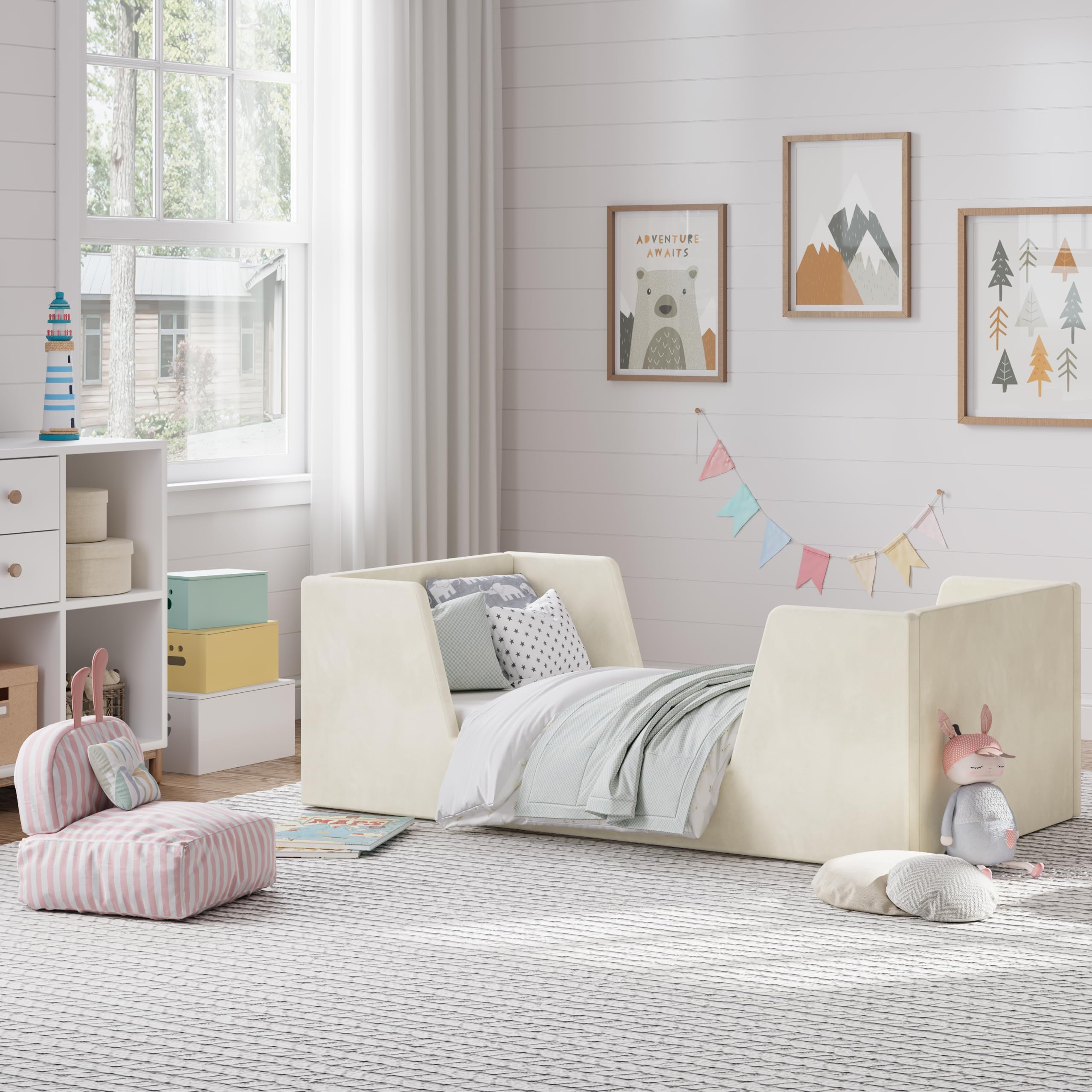 **Toddler Floor Bed with Guard Rails - Safe Kids Bed for Ages 2-6 Years - Standard Crib Mattress Compatible - Certified Fabric Toddler Bed for Boys & Girls - Perfect for Montessori Bedrooms & Small Spaces**