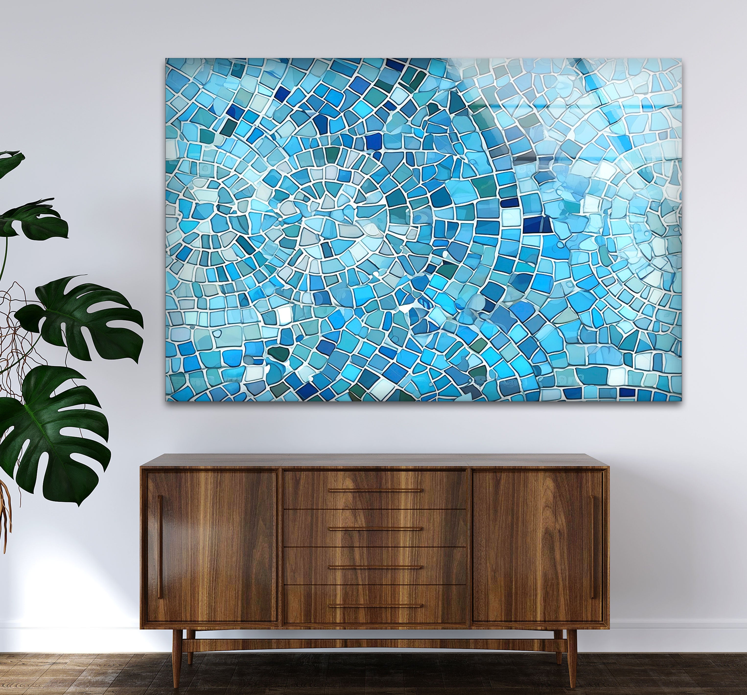 Aqua Blue Mosaic Glass Wall Art - Coastal Geometric Bathroom Decor for Spa, Beach House & Home - Perfect for Bathroom, Living Room, Bedroom Wall Decor